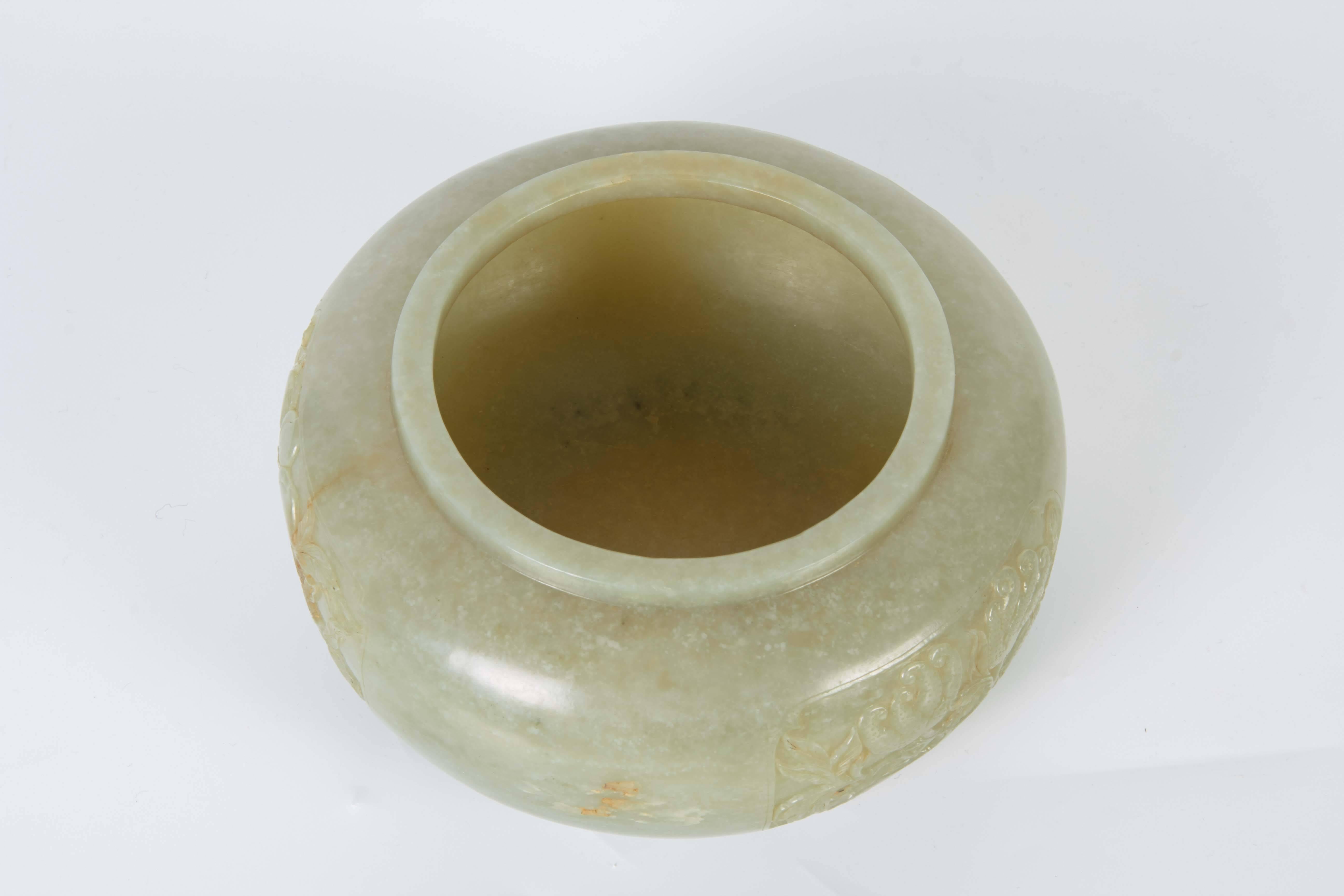Rare Chinese Alms Jade Globular Shape Bowl with Relief Panels of Fruit For Sale 4