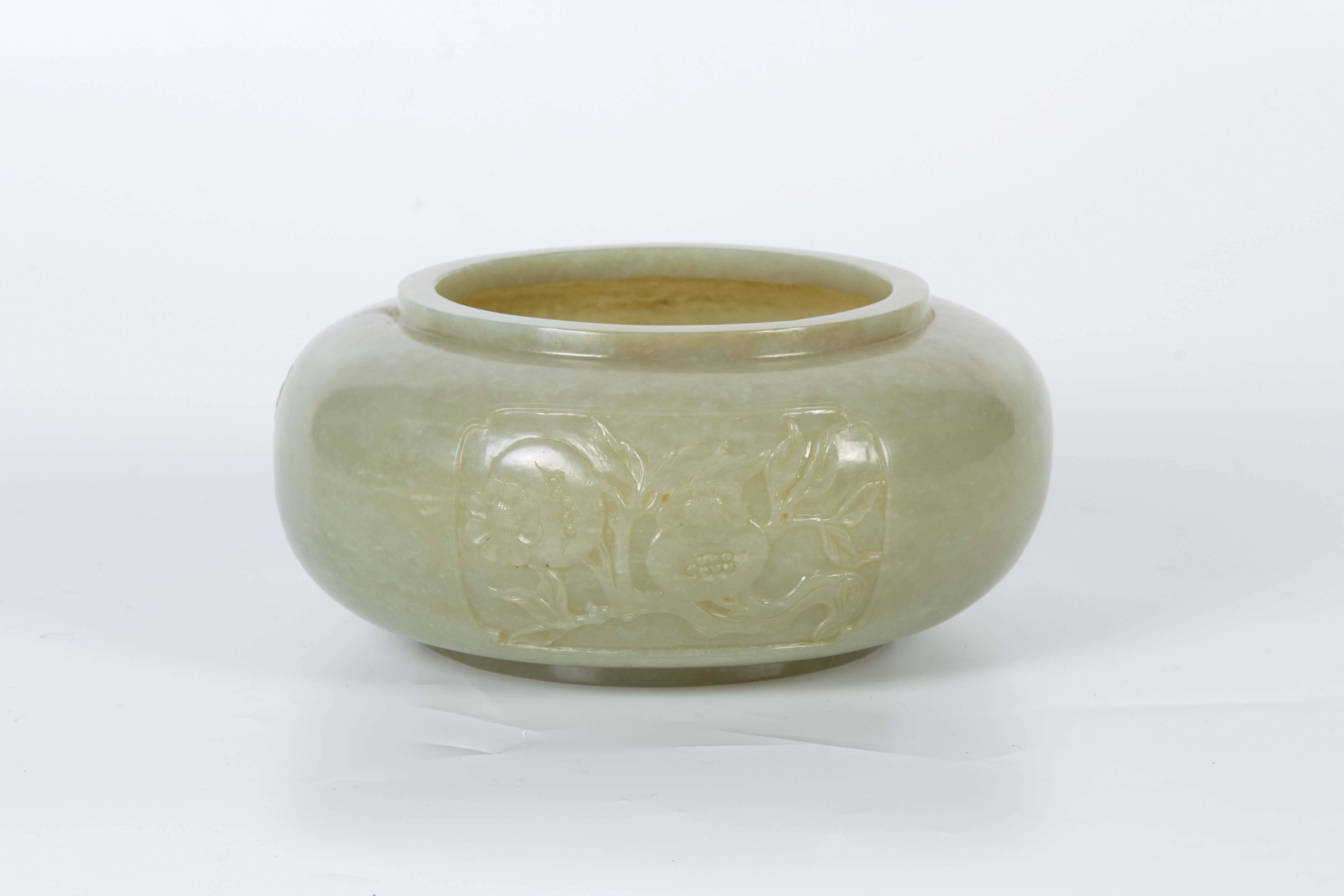 Rare Chinese Alms Jade Globular Shape Bowl with Relief Panels of Fruit For Sale 5