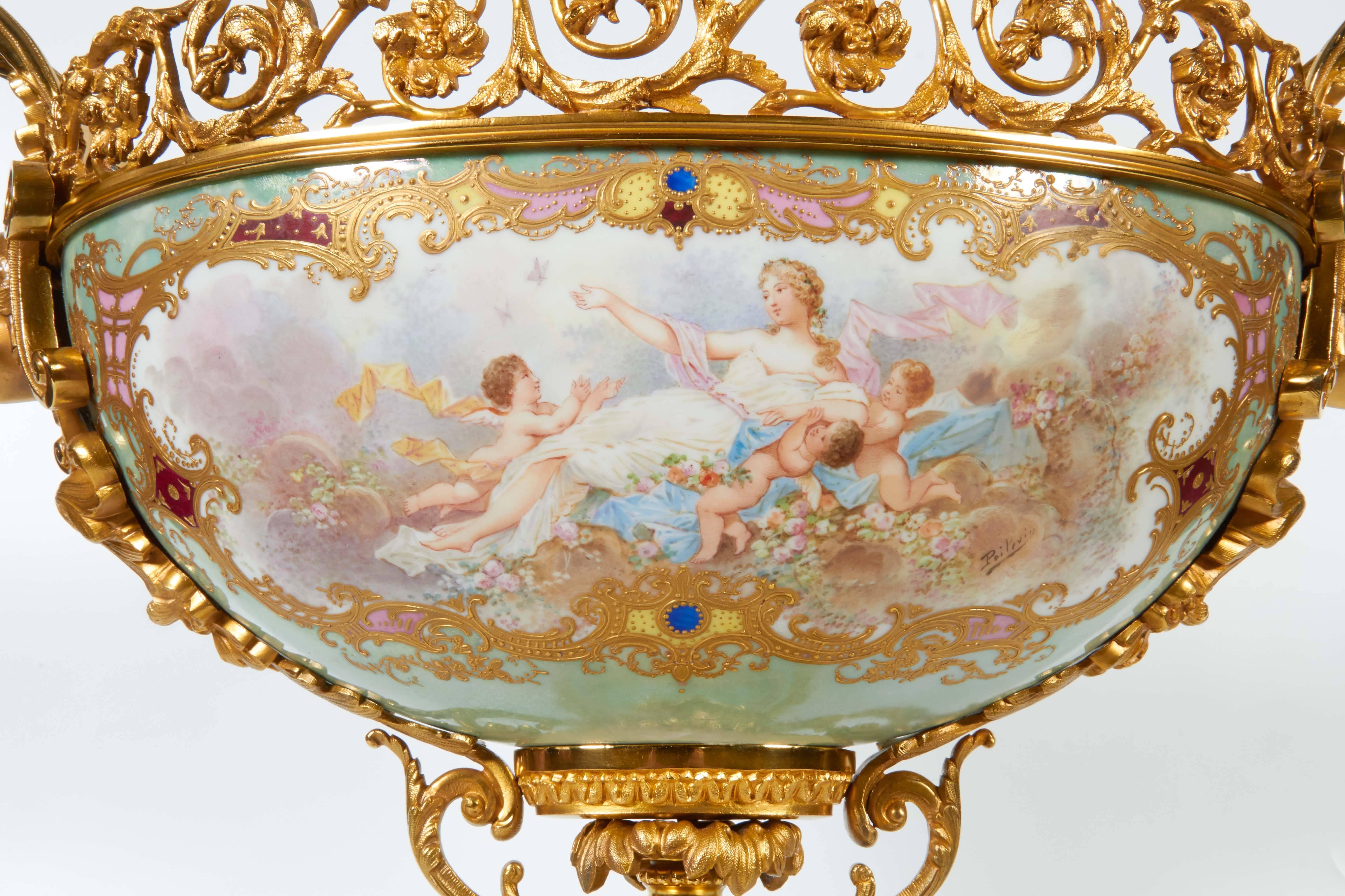 Louis XV French Sèvres Porcelain & Ormolu-Mounted Hand-Painted Oval Centerpiece/Jardenier For Sale