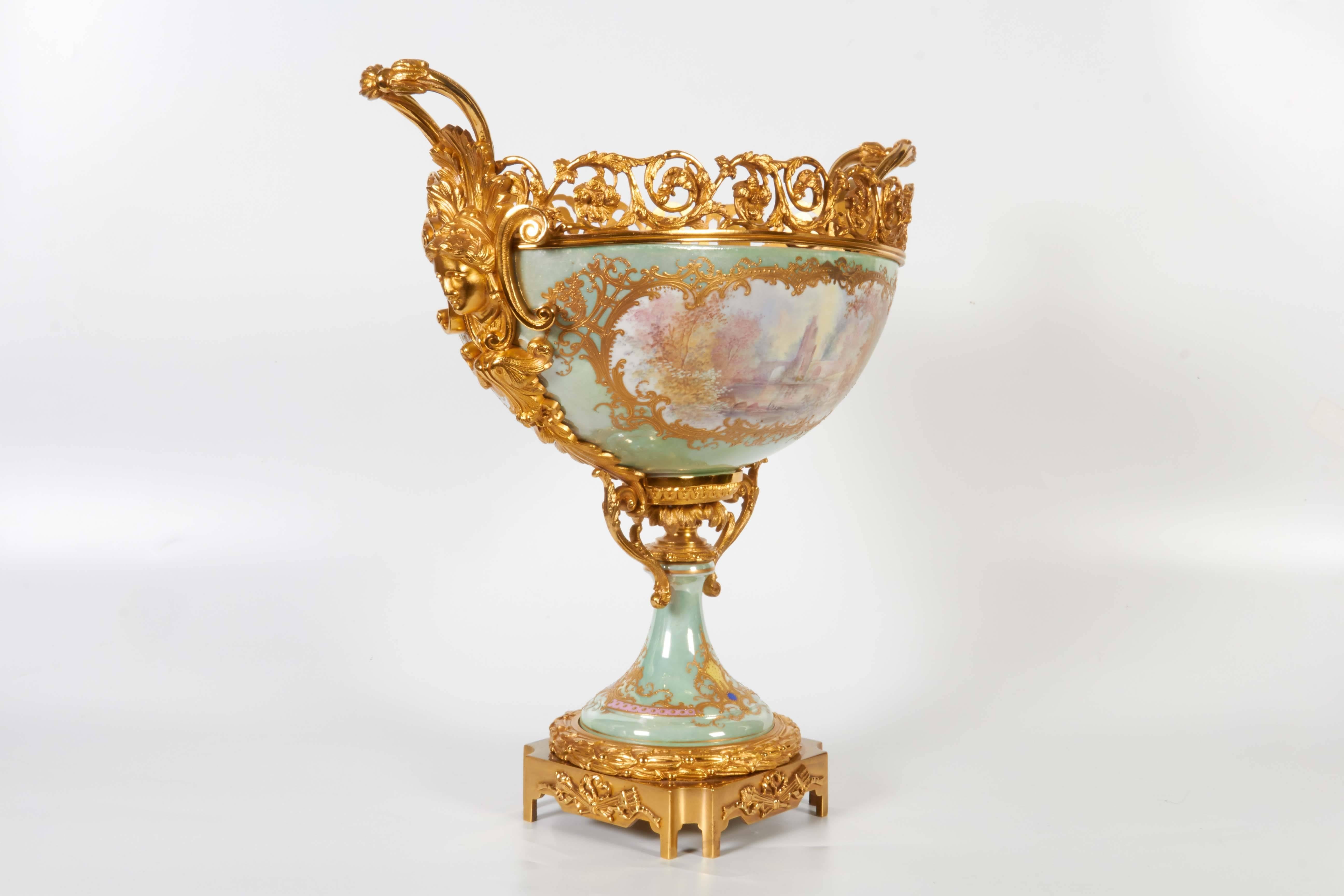 Bronze French Sèvres Porcelain & Ormolu-Mounted Hand-Painted Oval Centerpiece/Jardenier For Sale
