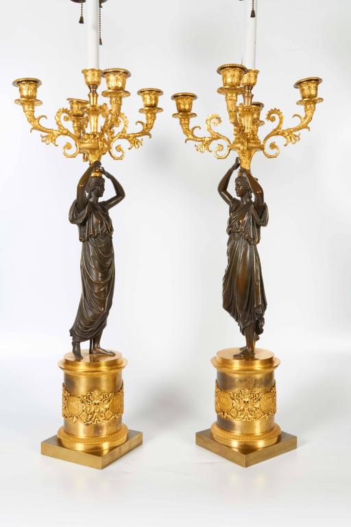 Pair of Superb Antique Italian Neoclassical Empire Bronze Figural Candelabras For Sale 3