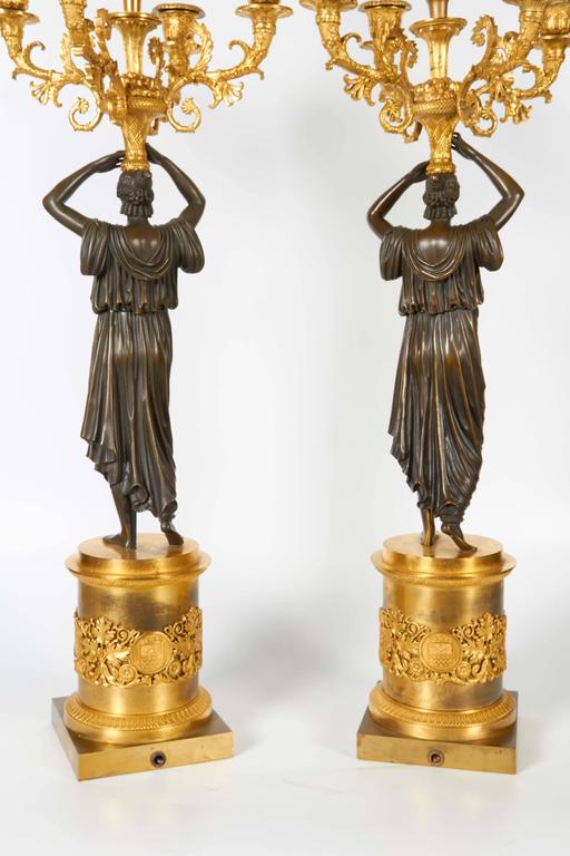 Pair of Superb Antique Italian Neoclassical Empire Bronze Figural Candelabras For Sale 5