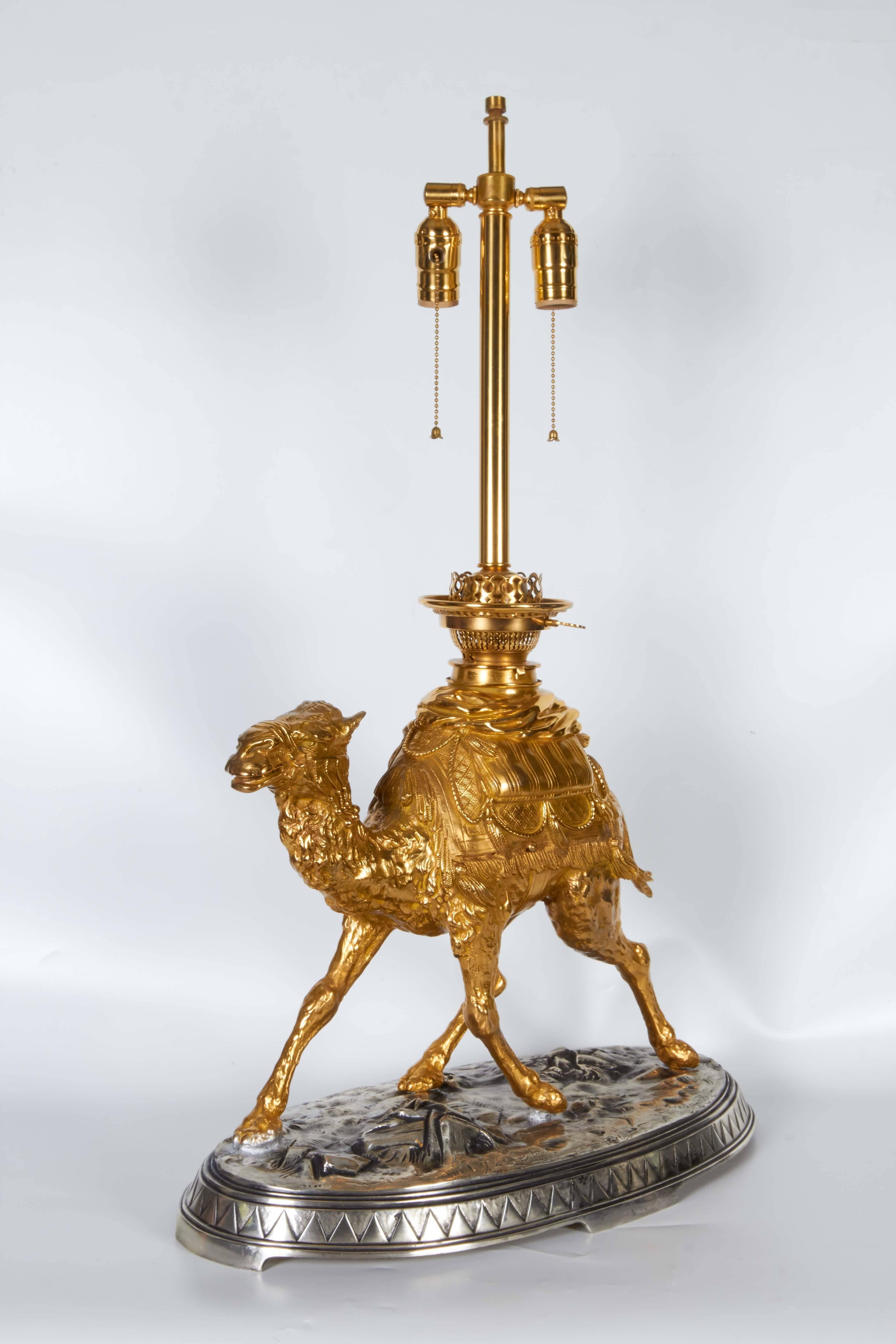 Antique French, Orientalist Style, Silver and Gilt Bronze Camel Group Lamp In Excellent Condition In New York, NY