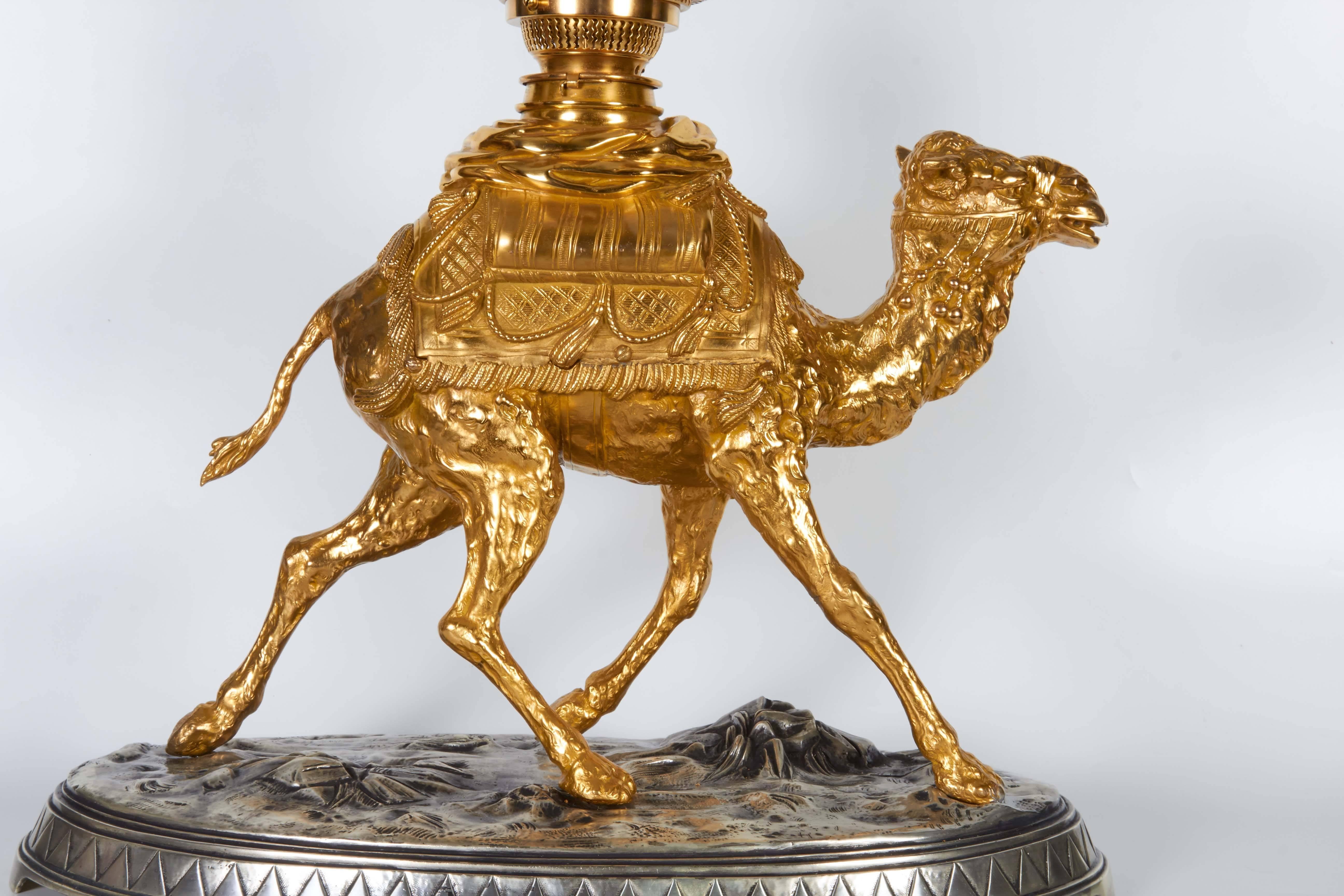 19th Century Antique French, Orientalist Style, Silver and Gilt Bronze Camel Group Lamp