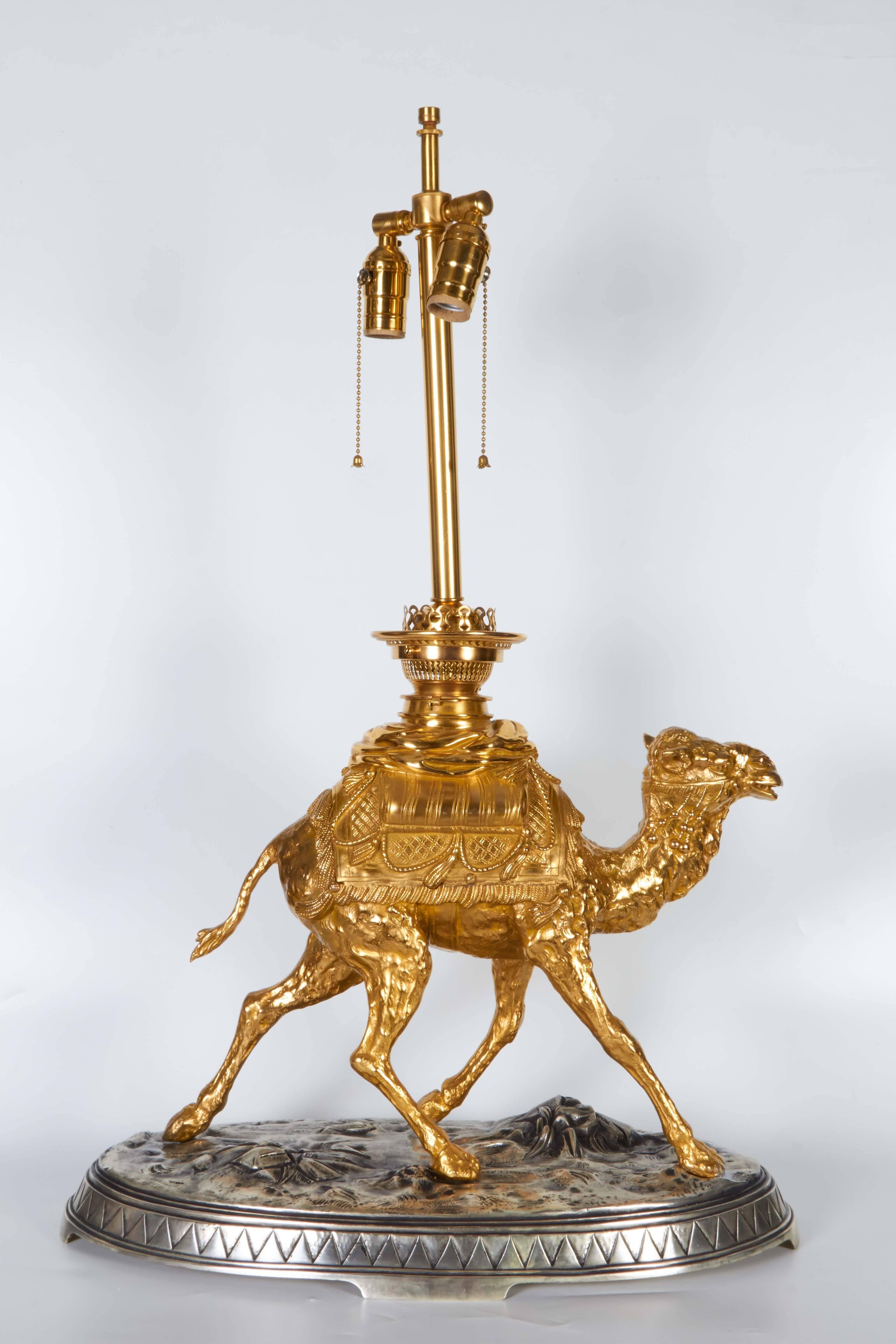 Antique French, Orientalist Style, Silver and Gilt Bronze Camel Group Lamp 1
