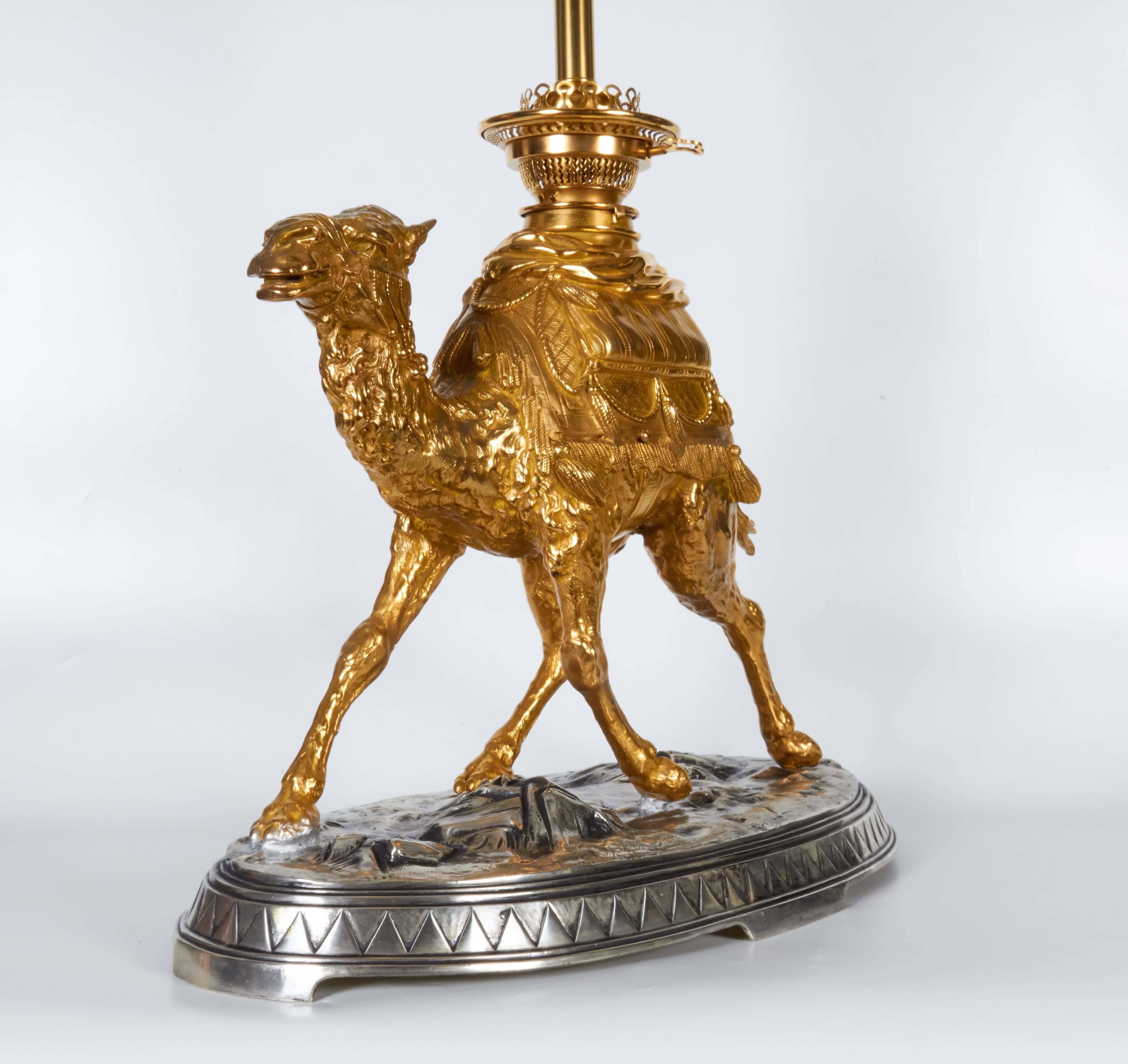 Antique French, Orientalist Style, Silver and Gilt Bronze Camel Group Lamp 2