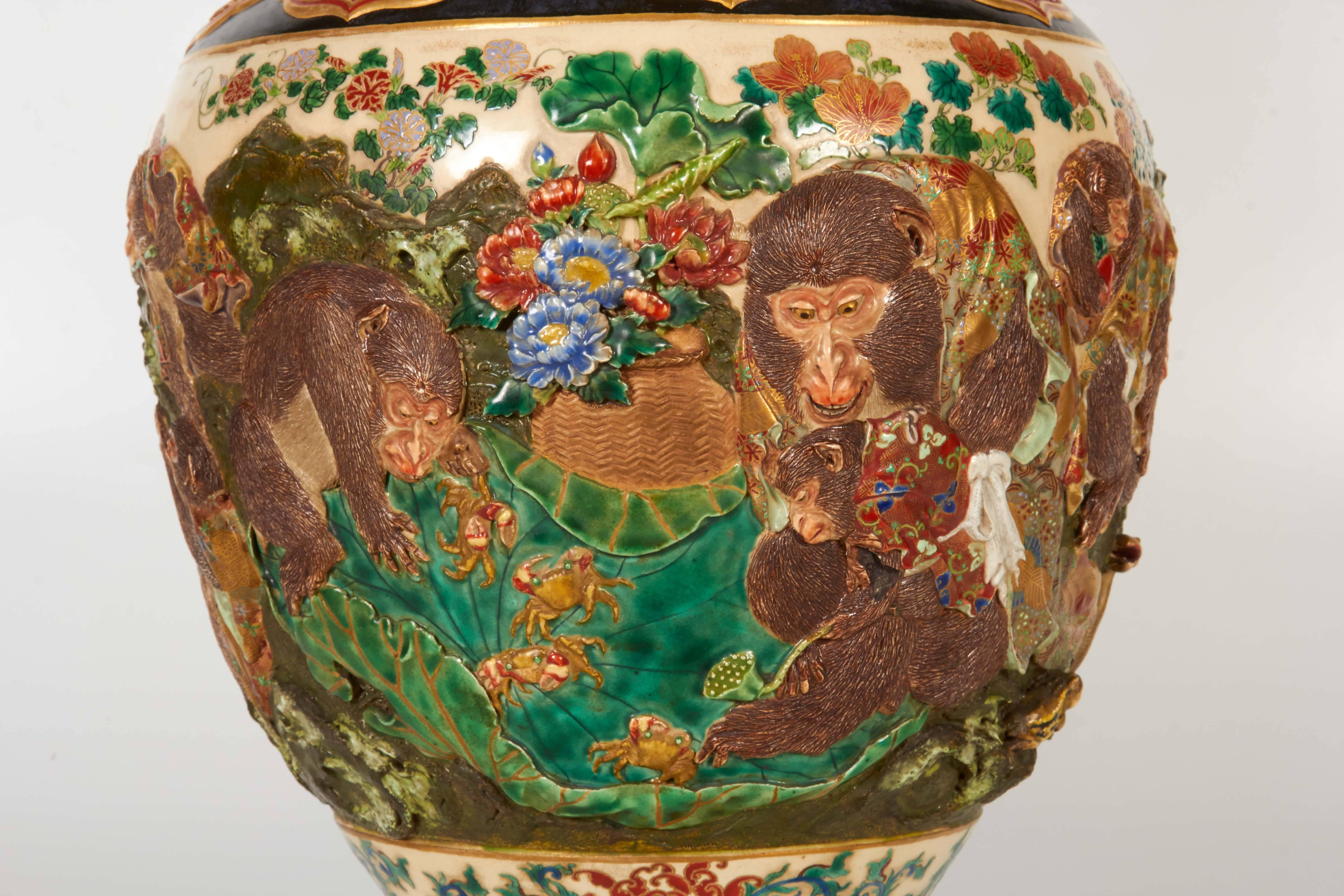 Meiji Japanese Satsuma Kyotoware Monkey Vase For Sale