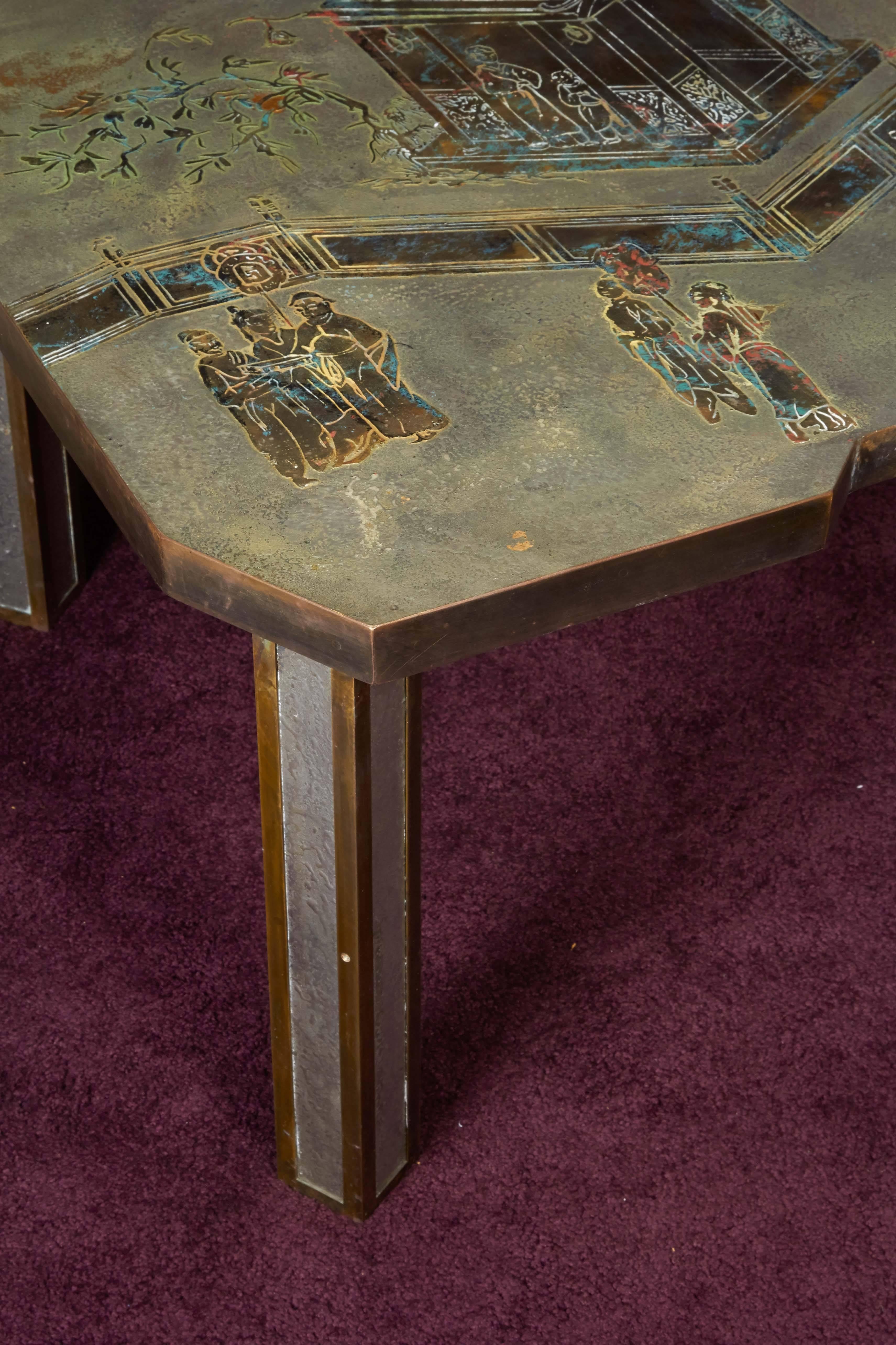 An exceptional coffee table by famed furniture designer Phillip & Kelvin LaVerne, American, New York, signed. The complex chinoiserie design features highly detail views of Imperial Pagodas and chinoiserie figures. The buildings and surrounding