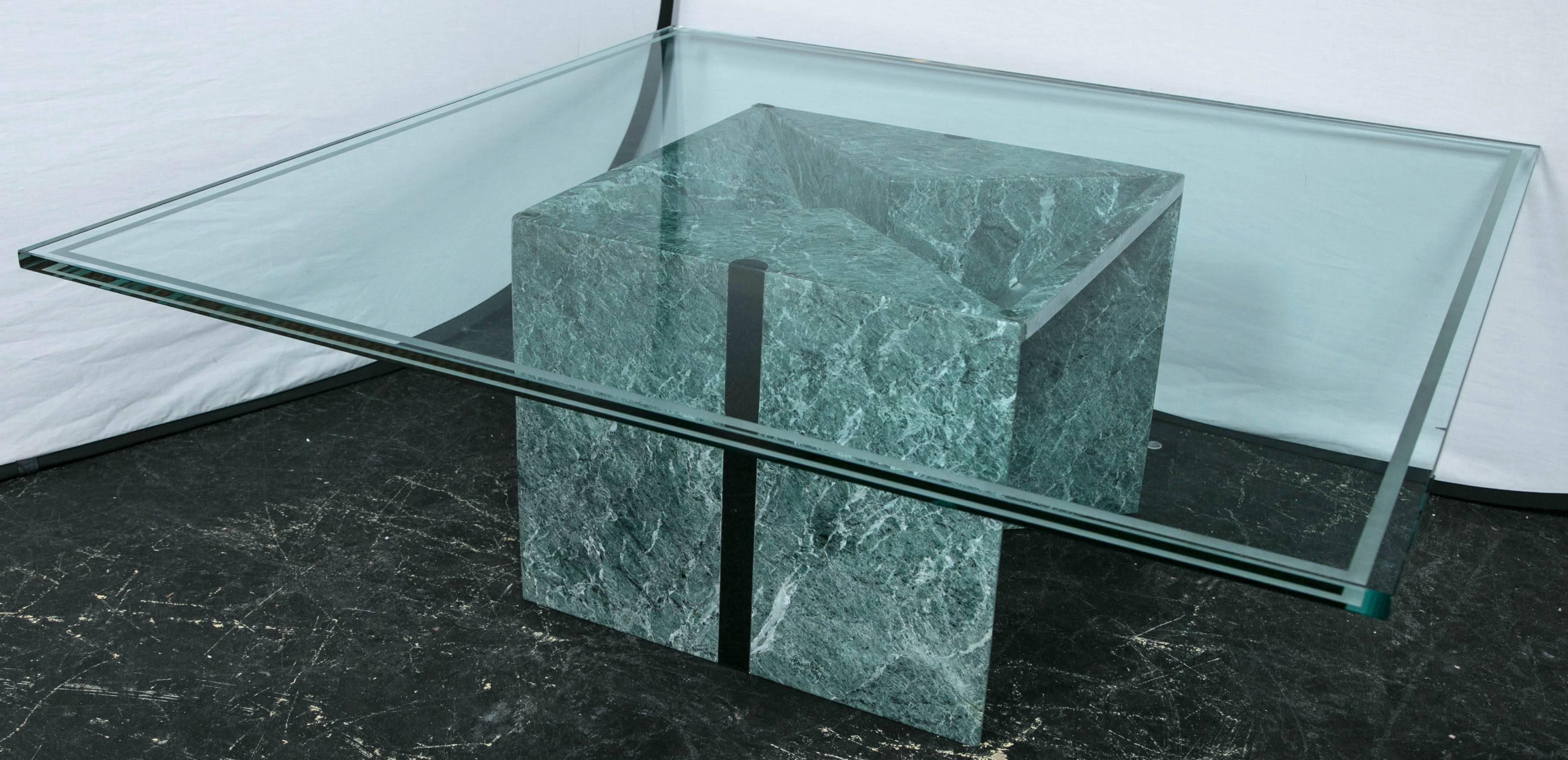 Heavy green marble with black inlaid decoration. Top is one inch etched glass. Quality modernist table.