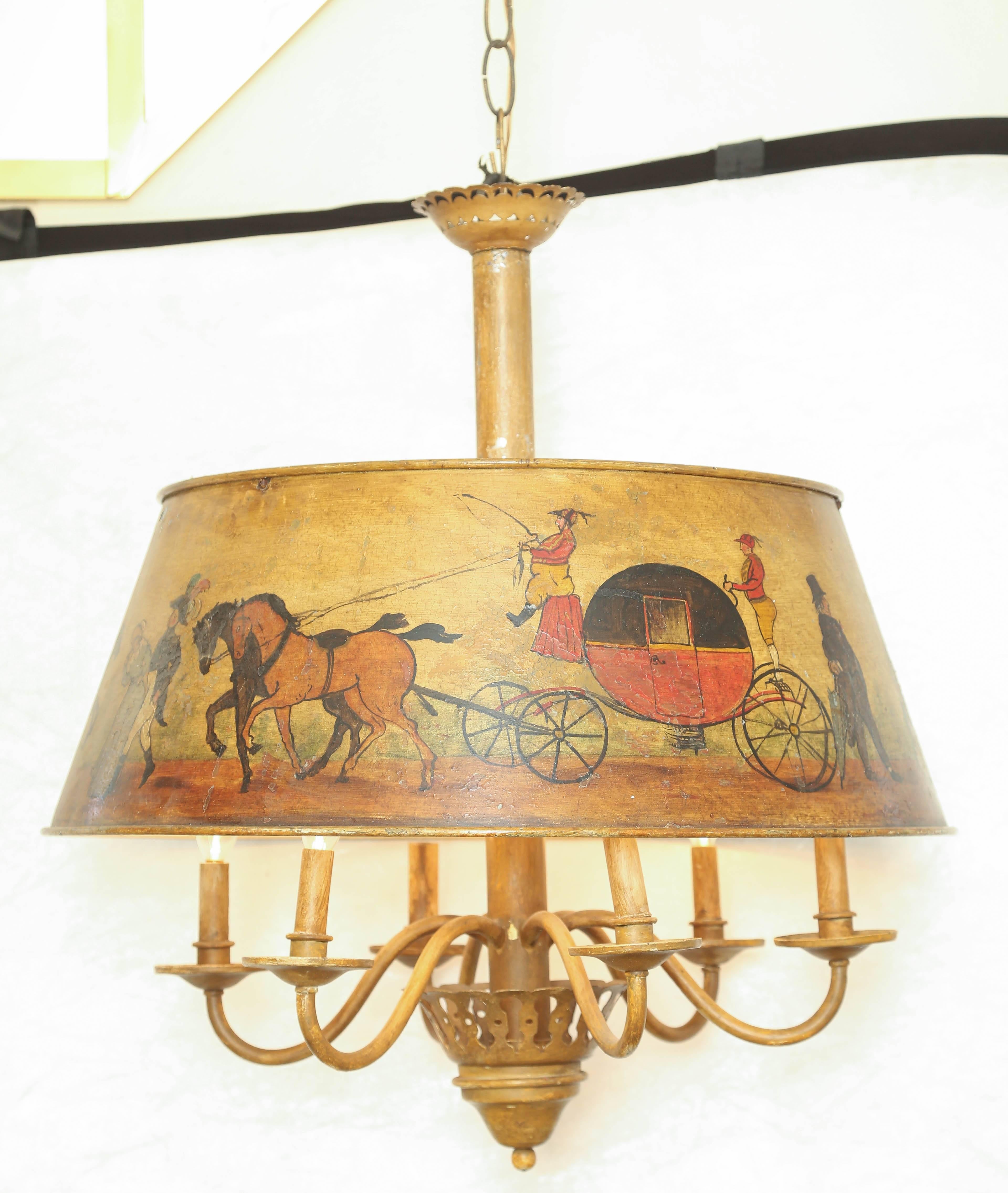 Late 19th Century Original Edwardian Six-Light Chandelier with Hand-Painted Vellum Lampshade