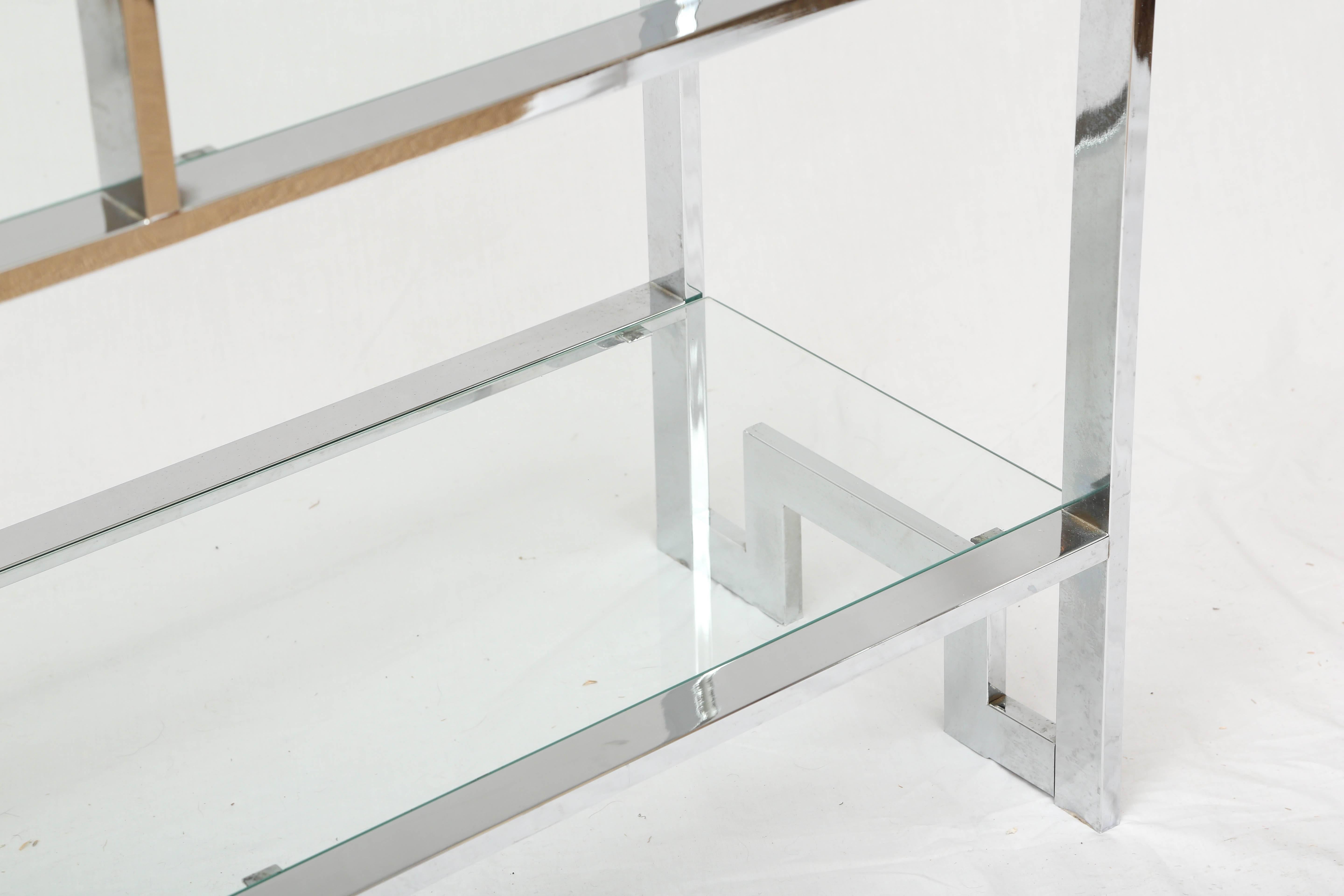 1 of 2 Tall Mid-Century Modern Greek Key Chrome Ètagerè Display Shelve  In Good Condition For Sale In Miami, FL