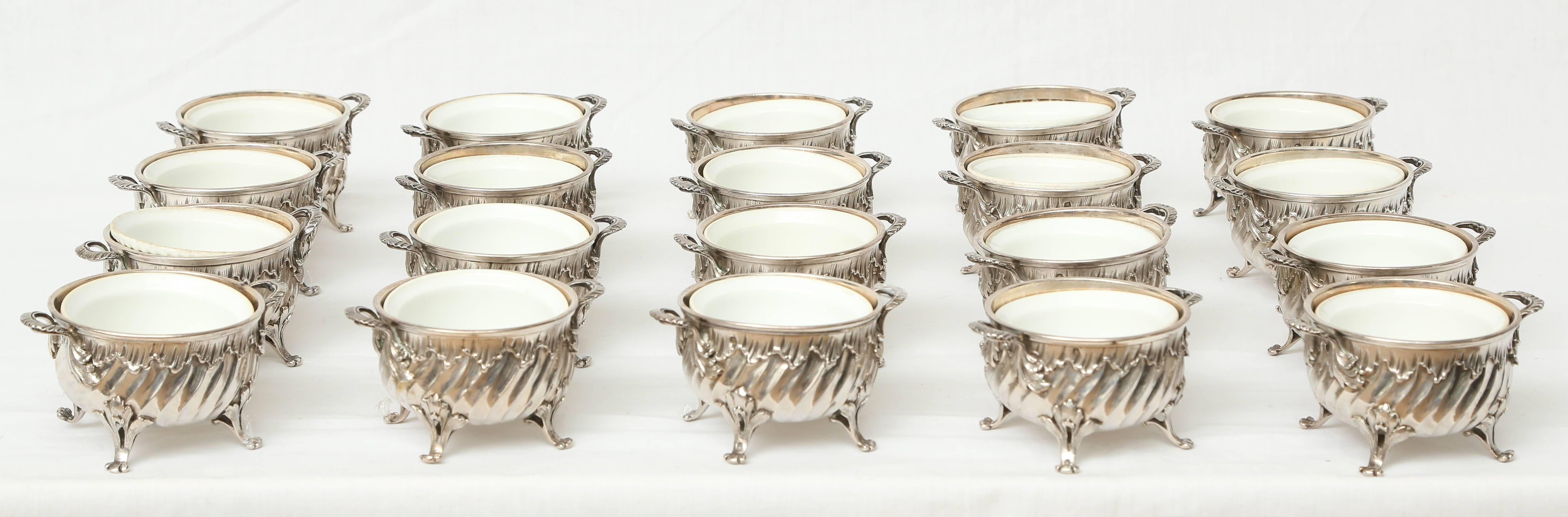 Set of 20 silver side dish bowls in silver with Limoge porcelain inserts. Typically used for Eggs Florentine. Gustave Keller Started his business in Paris in 1856.
Known for exceptional design and the highest level of craftsmanship he was awarded