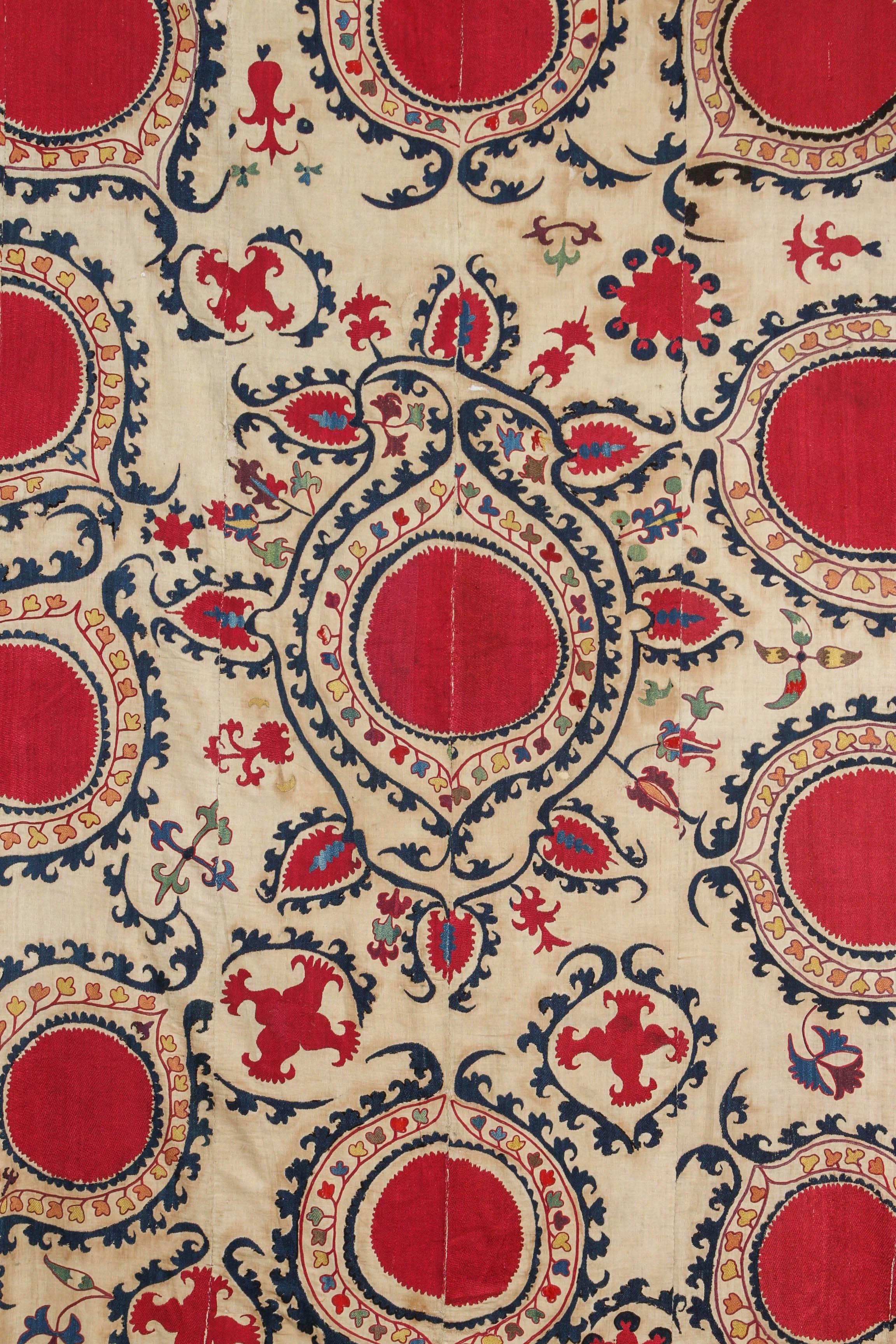 Uzbek Antique Uzbecki Samarkand Susani Textile Wall Hanging For Sale