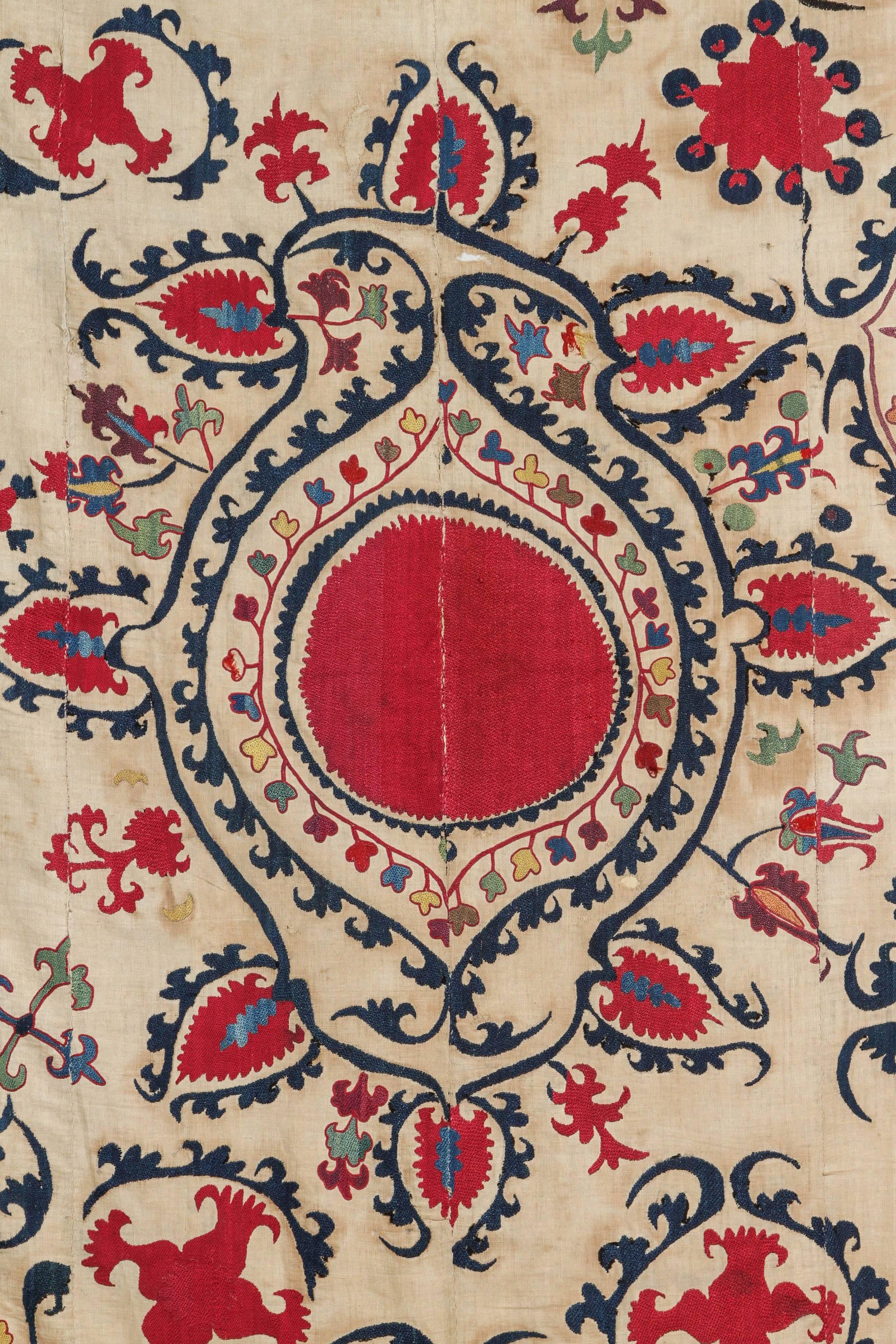 Embroidered Antique Uzbecki Samarkand Susani Textile Wall Hanging For Sale