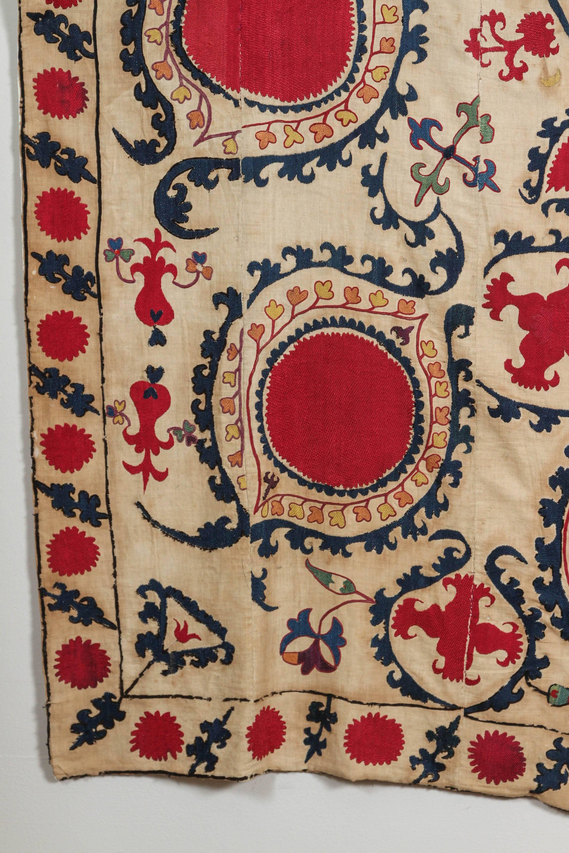 Linen Antique Uzbecki Samarkand Susani Textile Wall Hanging For Sale