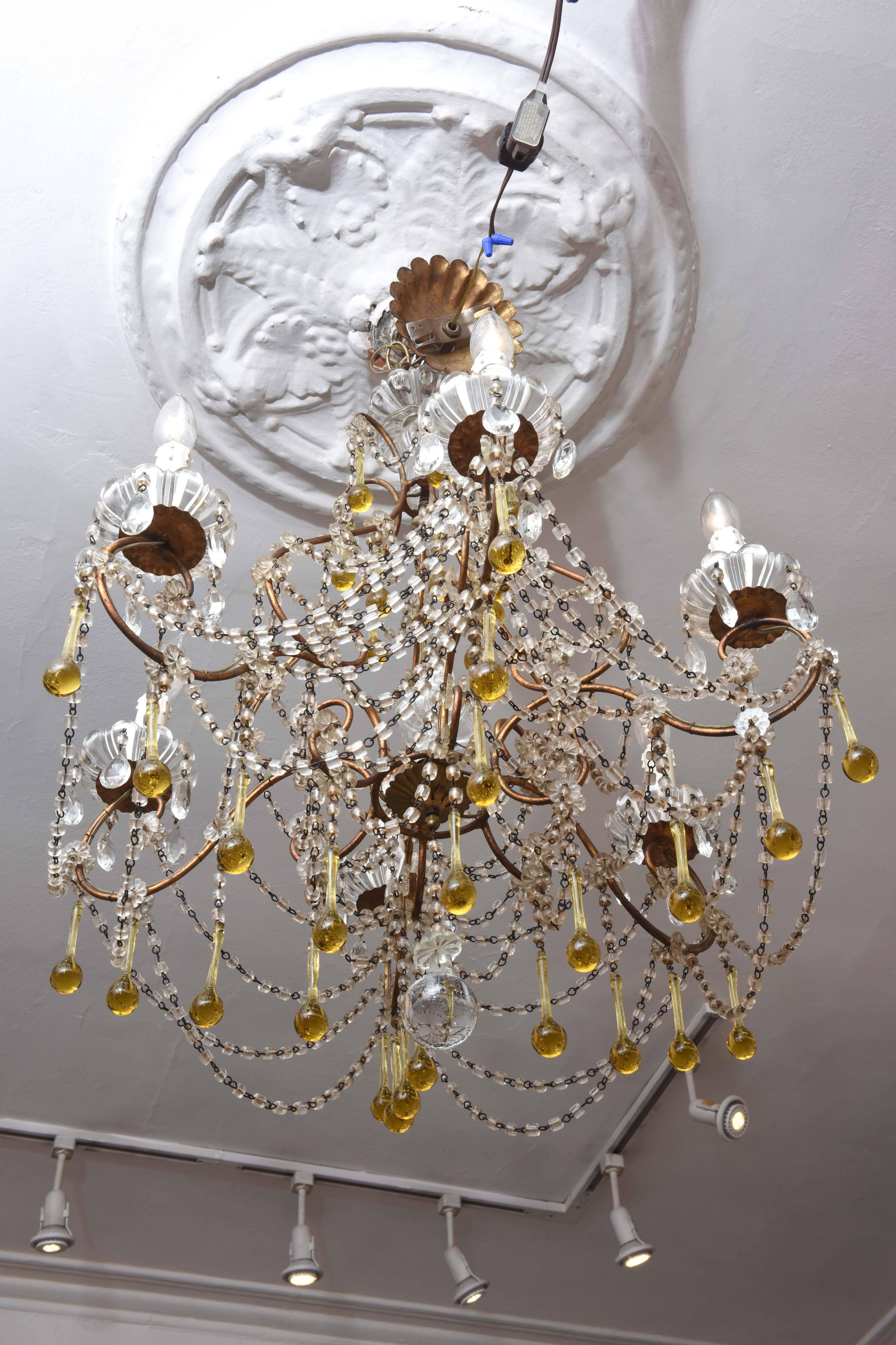 Vintage Venetian Glass and Gilt Metal Chandelier In Good Condition In West Palm Beach, FL