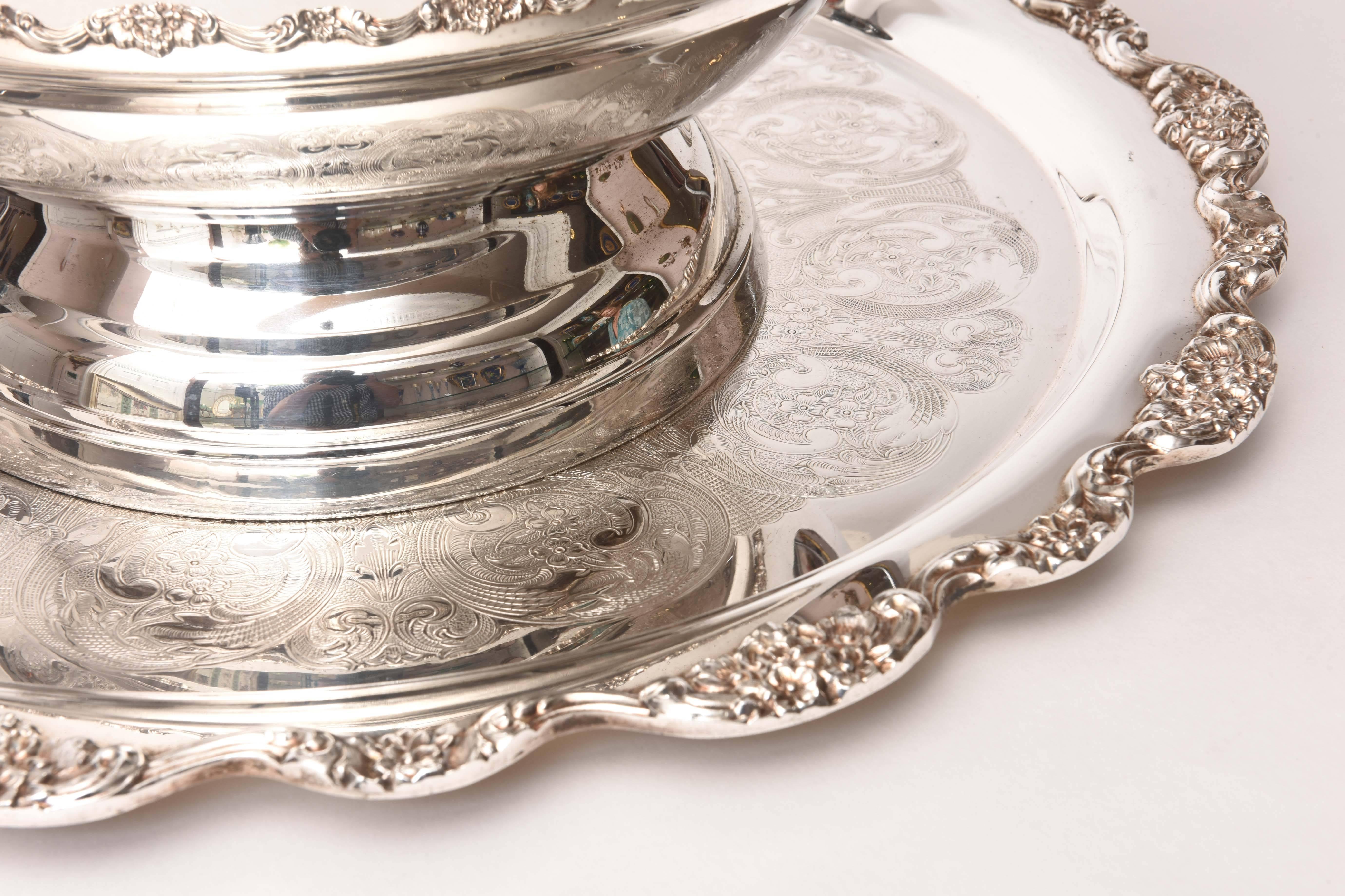 Hand-Crafted Impressive Silver Plate Punch Bowl and under Tray, American Vintage