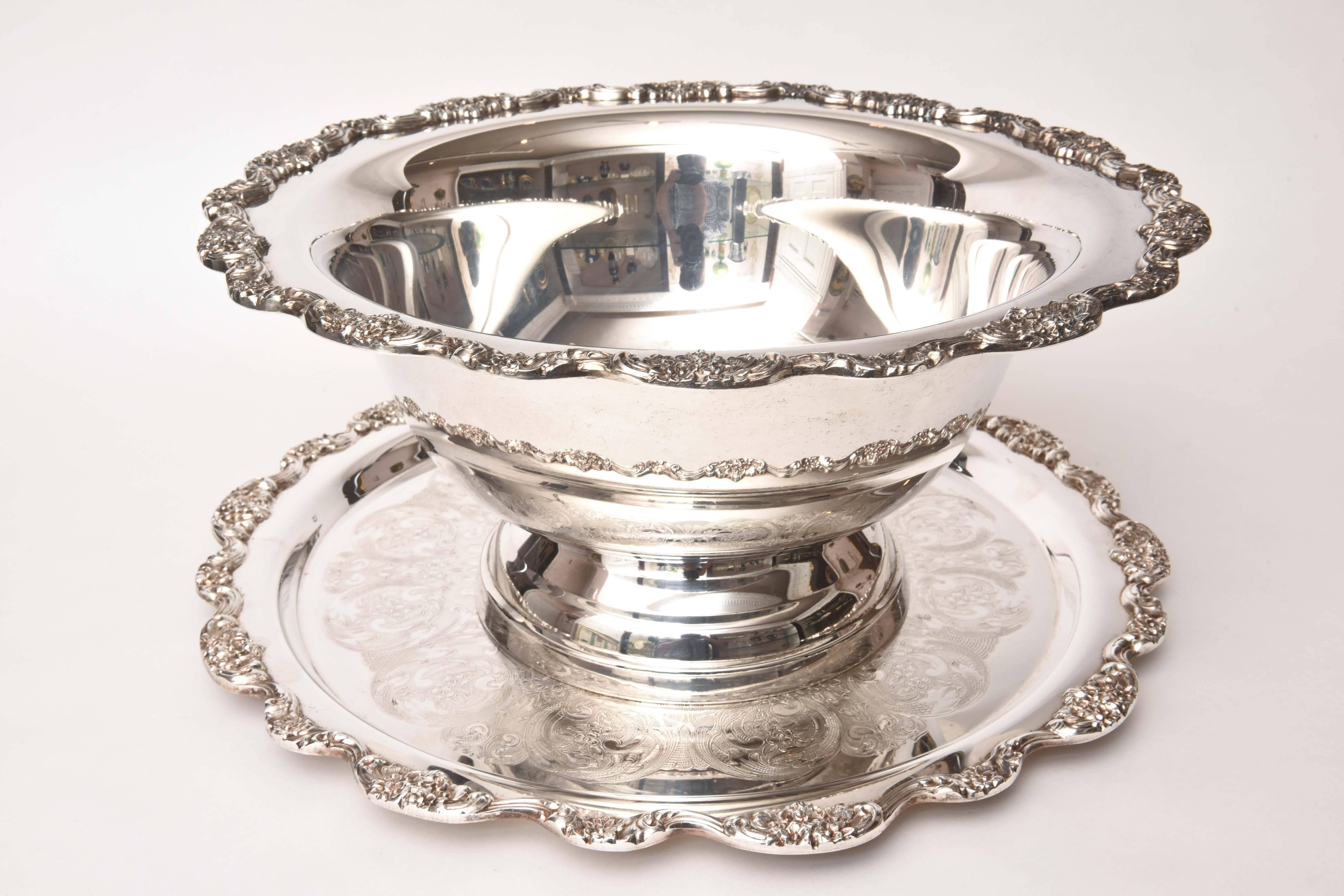 Impressive Silver Plate Punch Bowl and under Tray, American Vintage 4