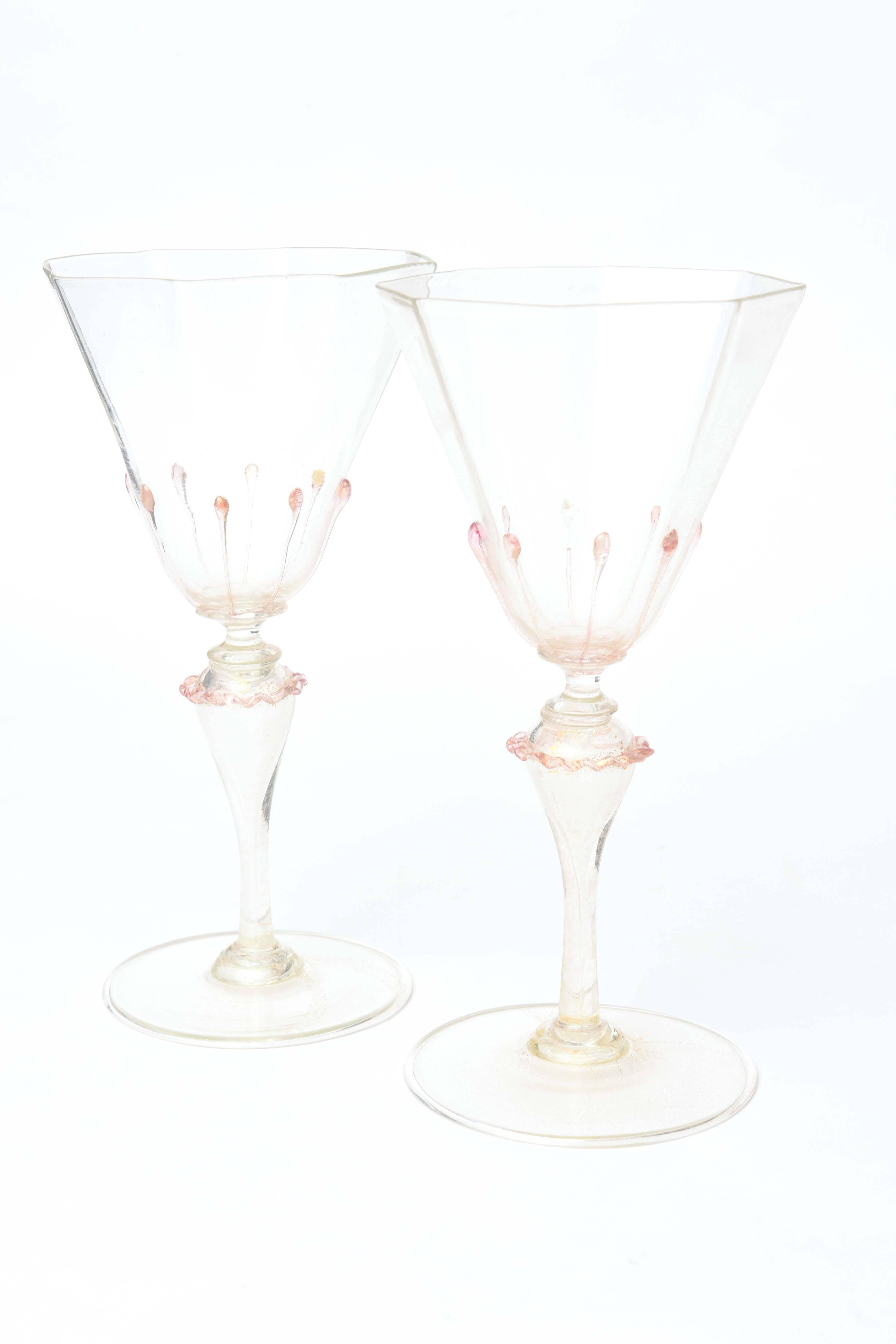 Italian Exquisite Set of Ten Venetian Goblets, Pink & Gilt with Extra Applied Decoration