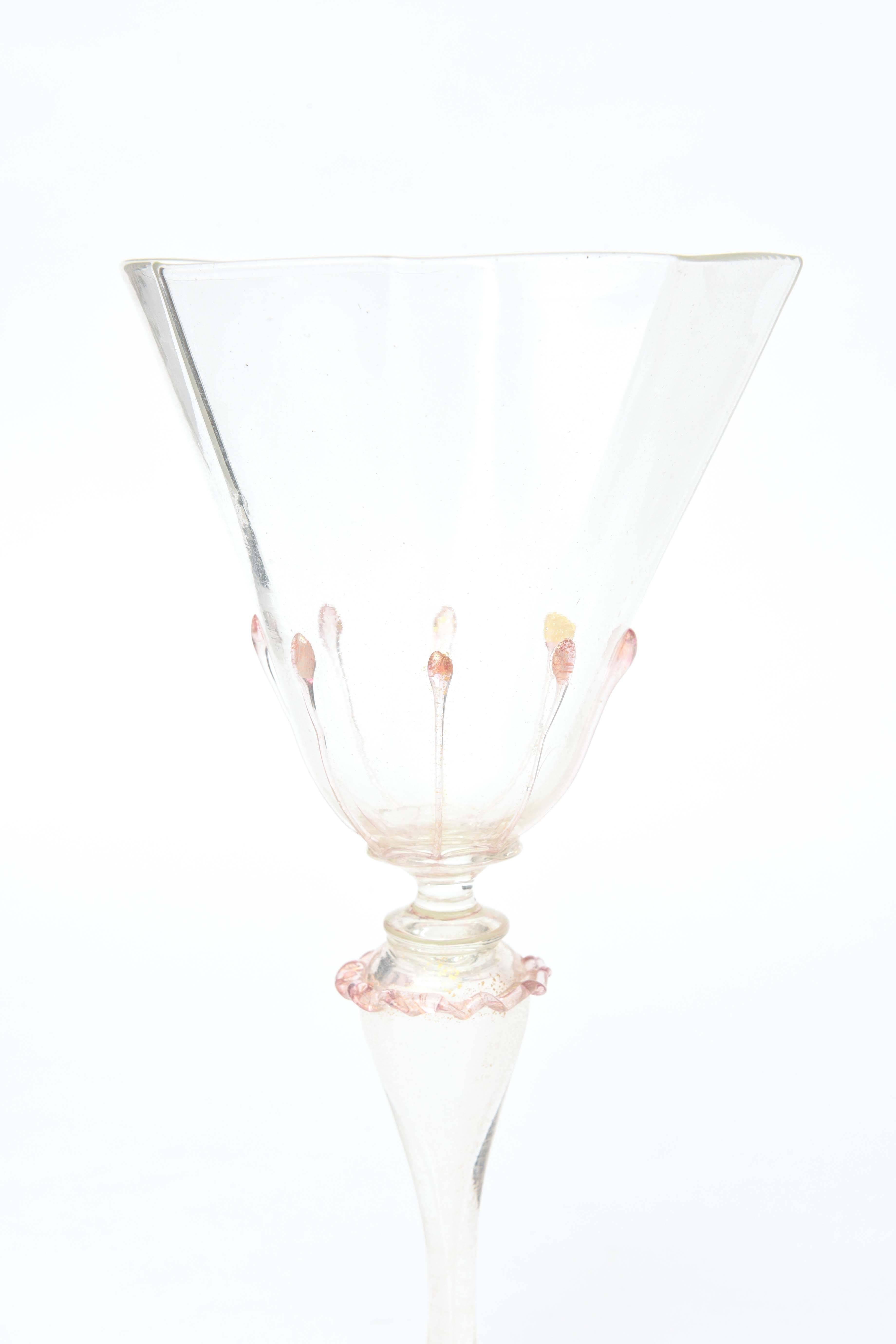 Hand-Crafted Exquisite Set of Ten Venetian Goblets, Pink & Gilt with Extra Applied Decoration