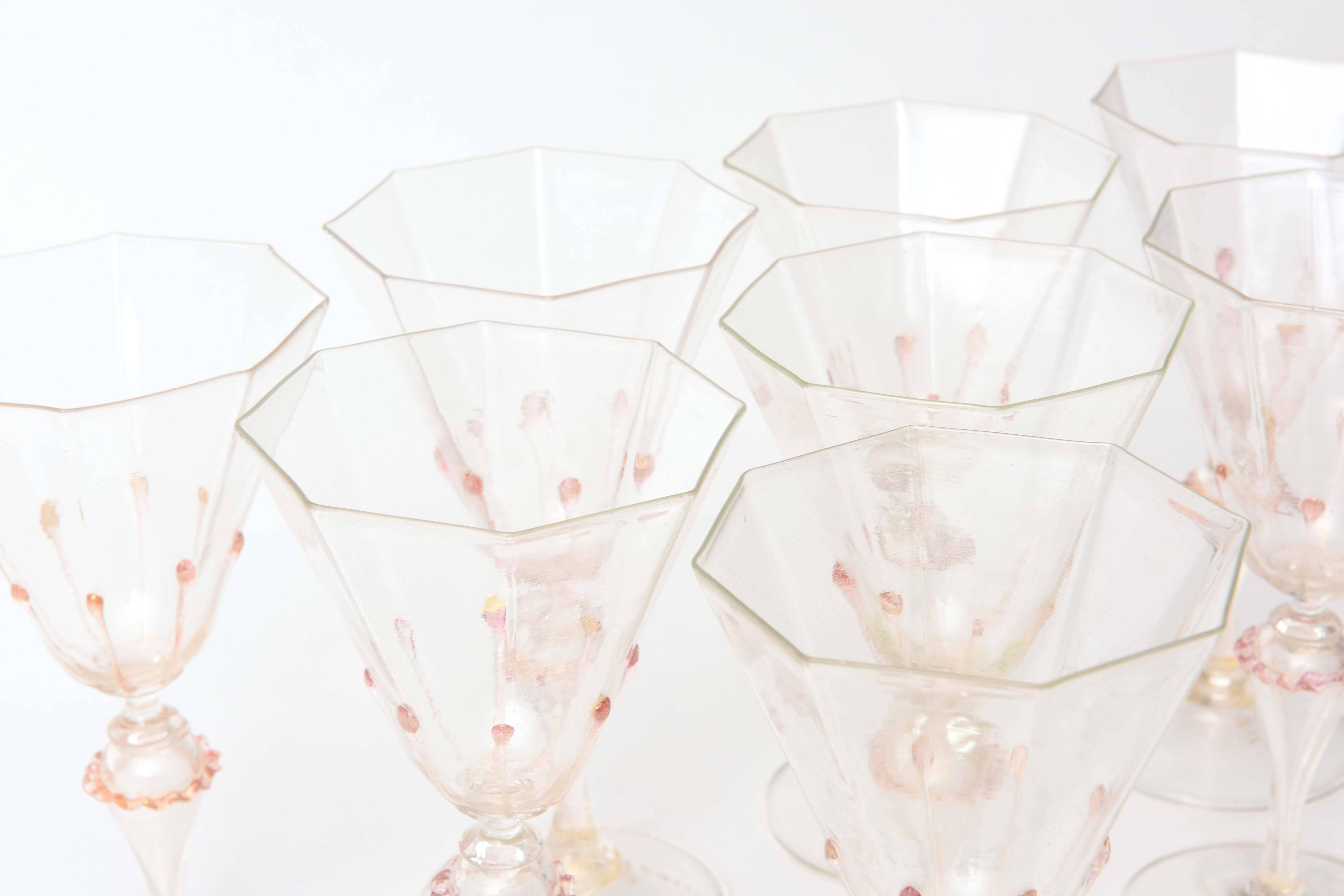 Early 20th Century Exquisite Set of Ten Venetian Goblets, Pink & Gilt with Extra Applied Decoration