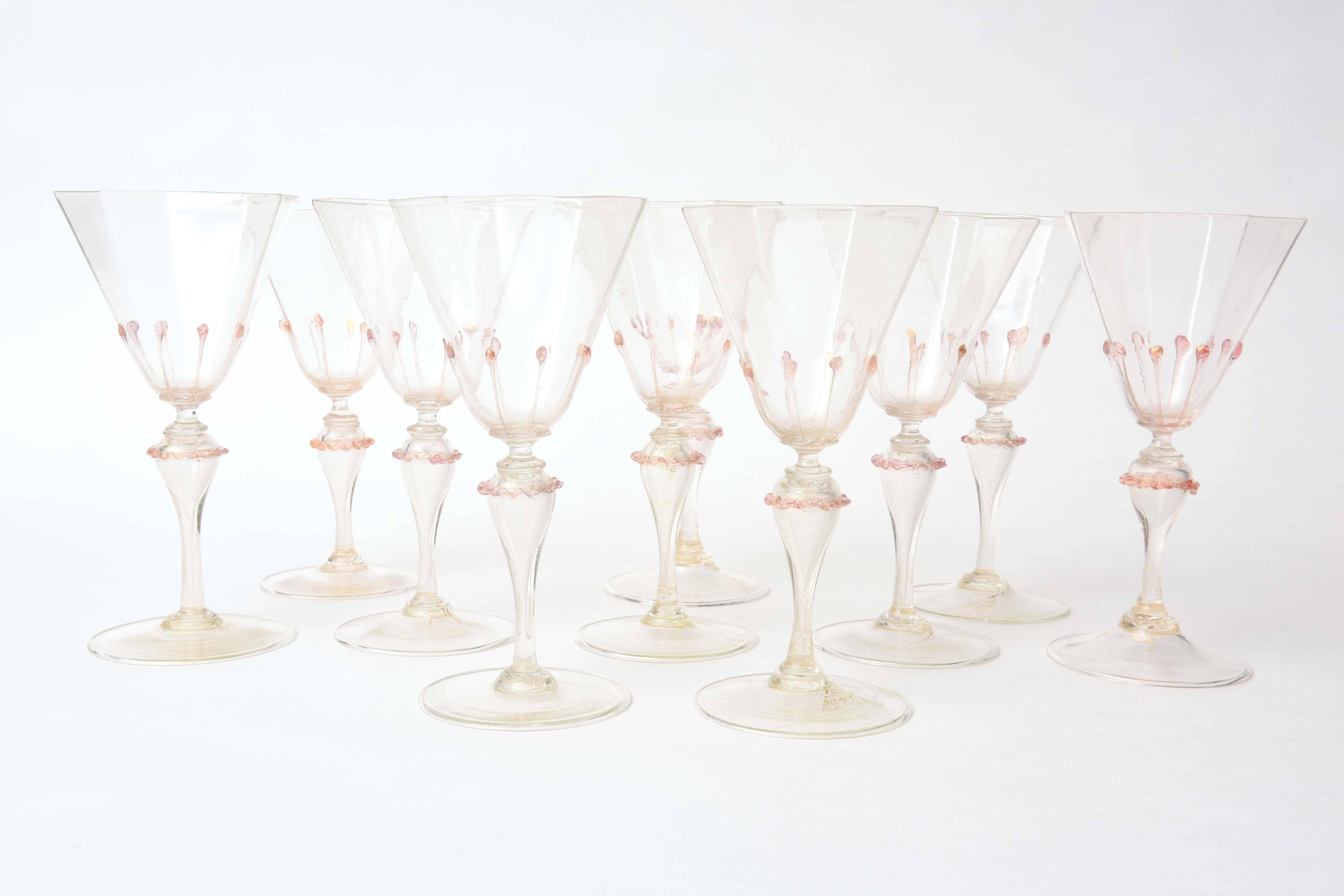 Blown Glass Exquisite Set of Ten Venetian Goblets, Pink & Gilt with Extra Applied Decoration