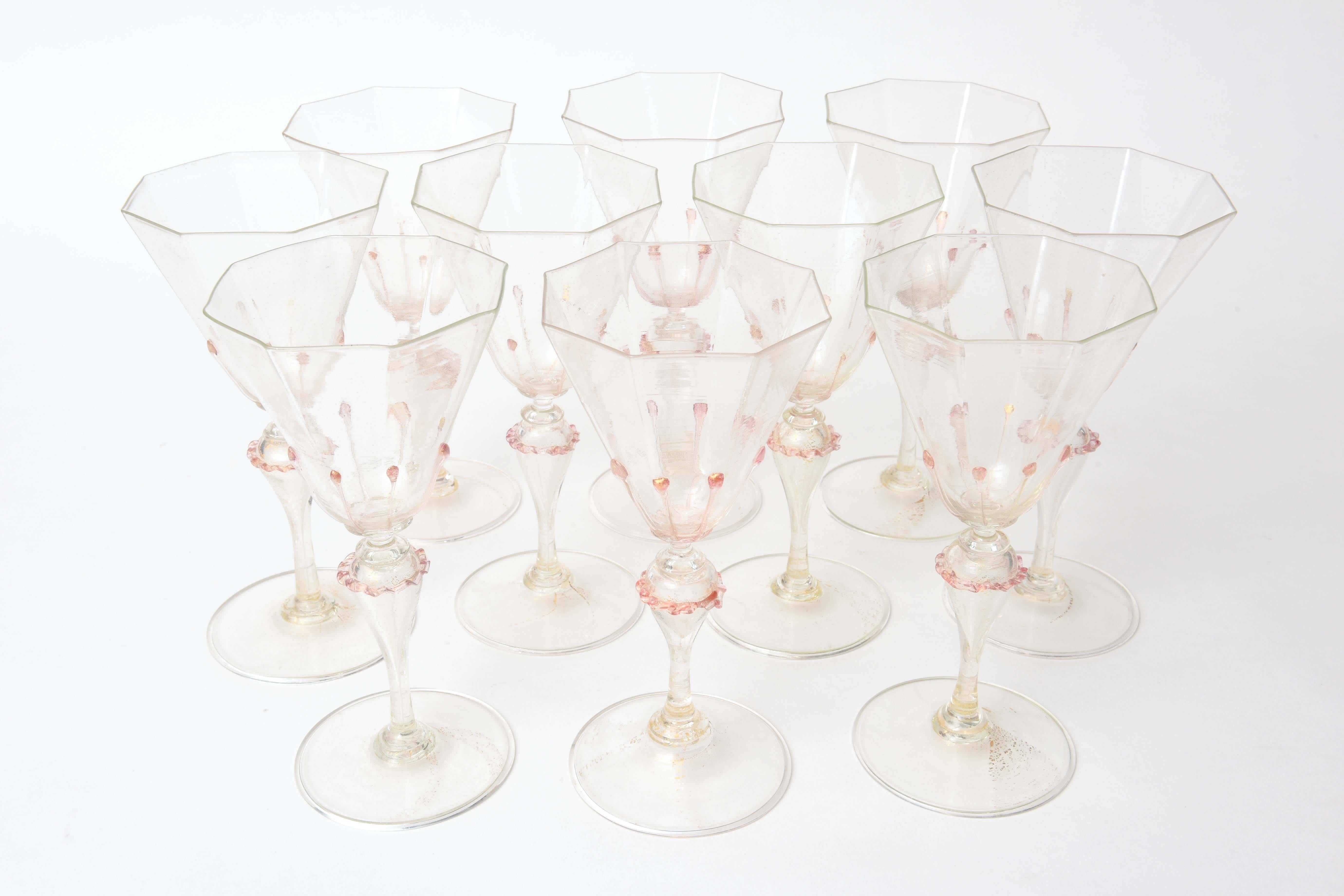 Exquisite Set of Ten Venetian Goblets, Pink & Gilt with Extra Applied Decoration 1