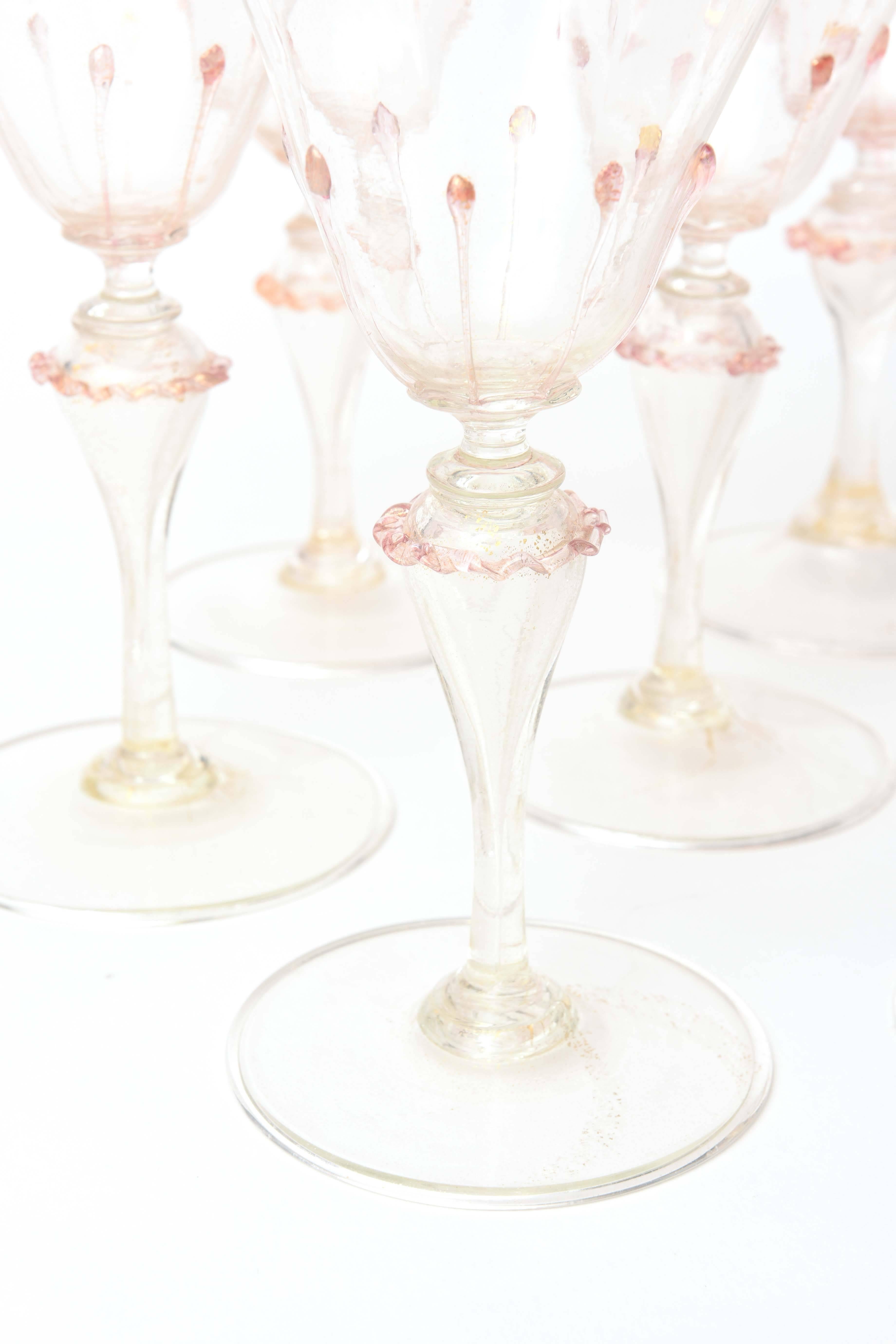 Exquisite Set of Ten Venetian Goblets, Pink & Gilt with Extra Applied Decoration 2