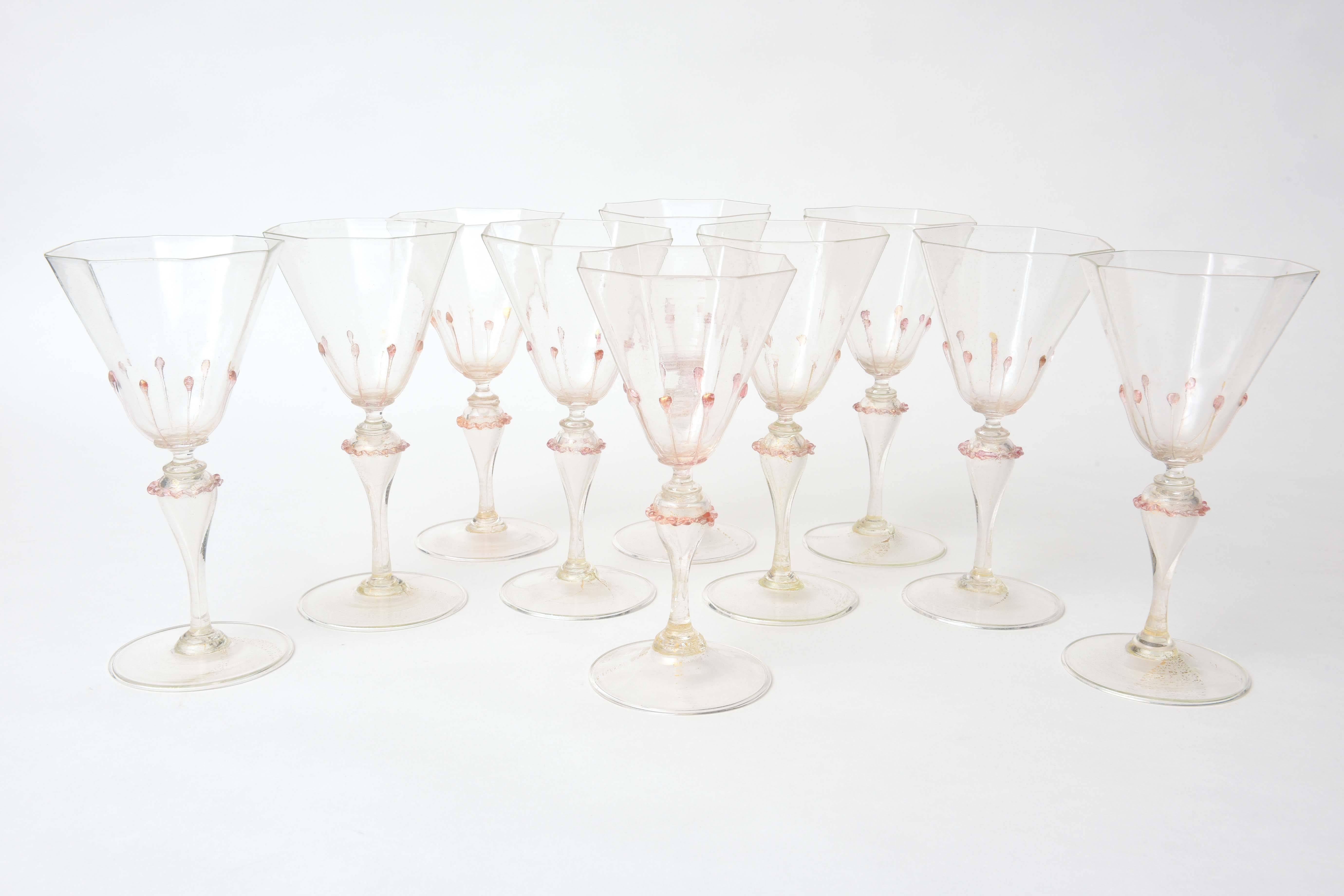 Exquisite Set of Ten Venetian Goblets, Pink & Gilt with Extra Applied Decoration 3