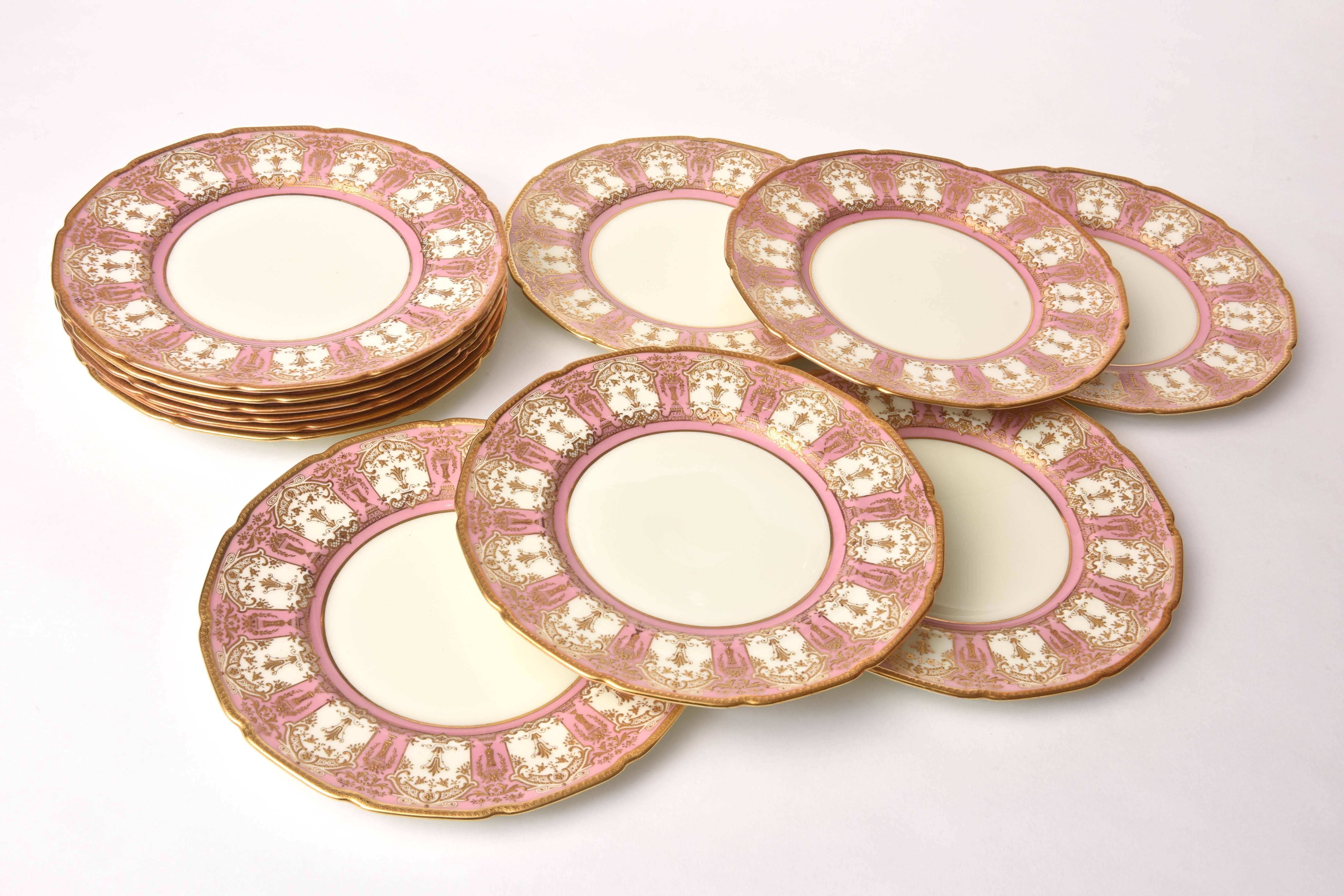 Hand-Crafted 12 Exquisite Pink and Heavily Gilded Dessert or Salad Plates, Antique English