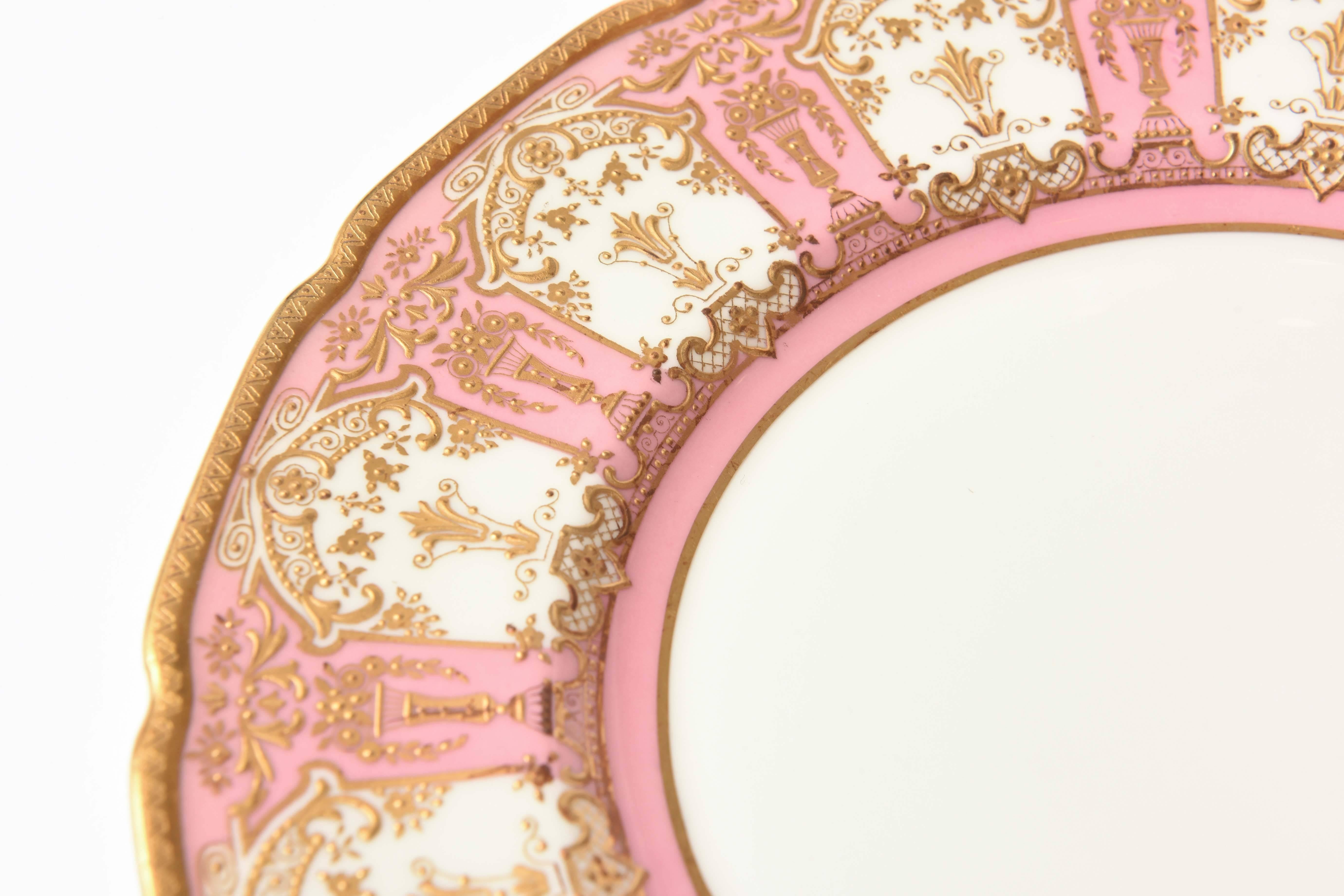 12 Exquisite Pink and Heavily Gilded Dessert or Salad Plates, Antique English In Good Condition In West Palm Beach, FL