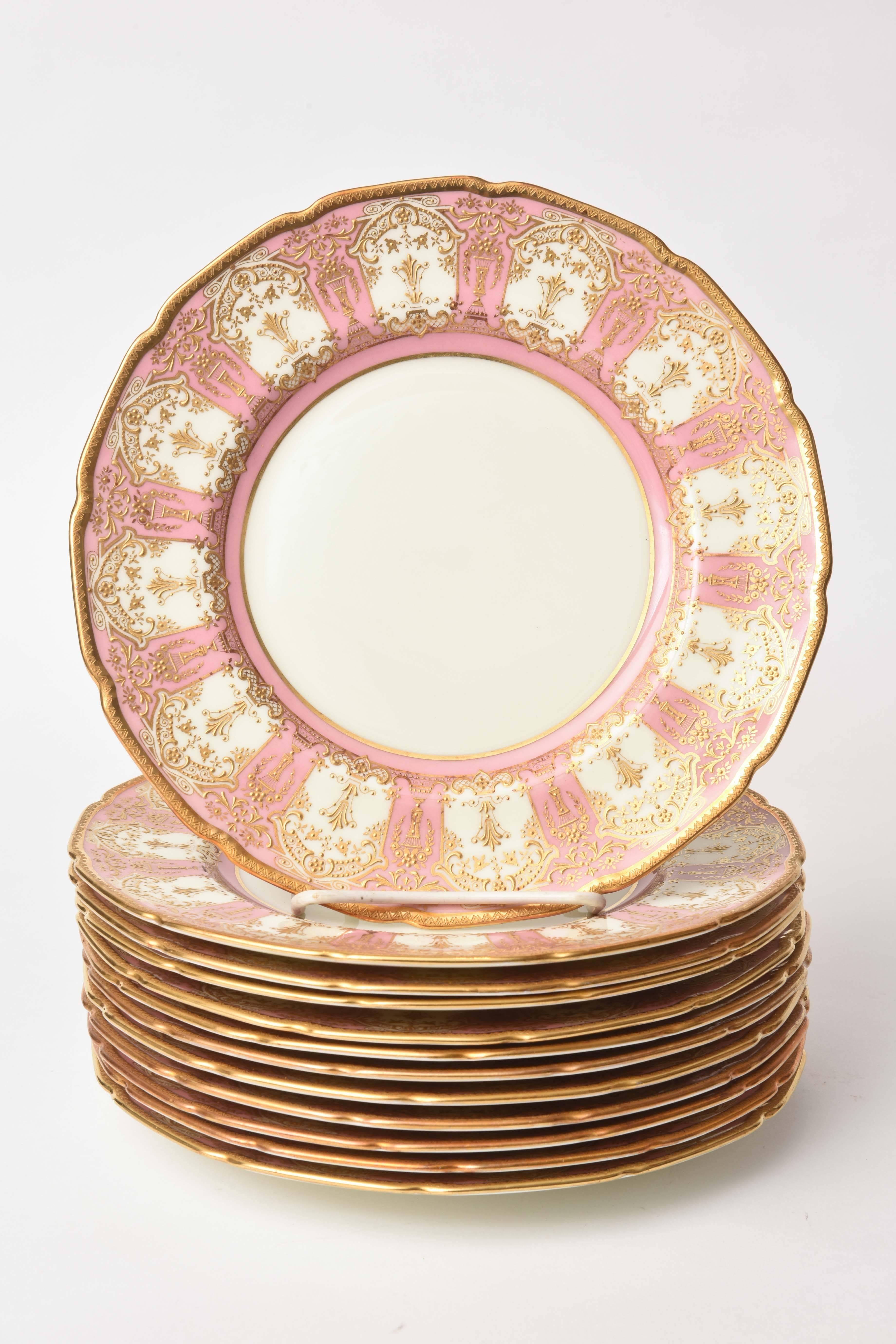 Early 20th Century 12 Exquisite Pink and Heavily Gilded Dessert or Salad Plates, Antique English