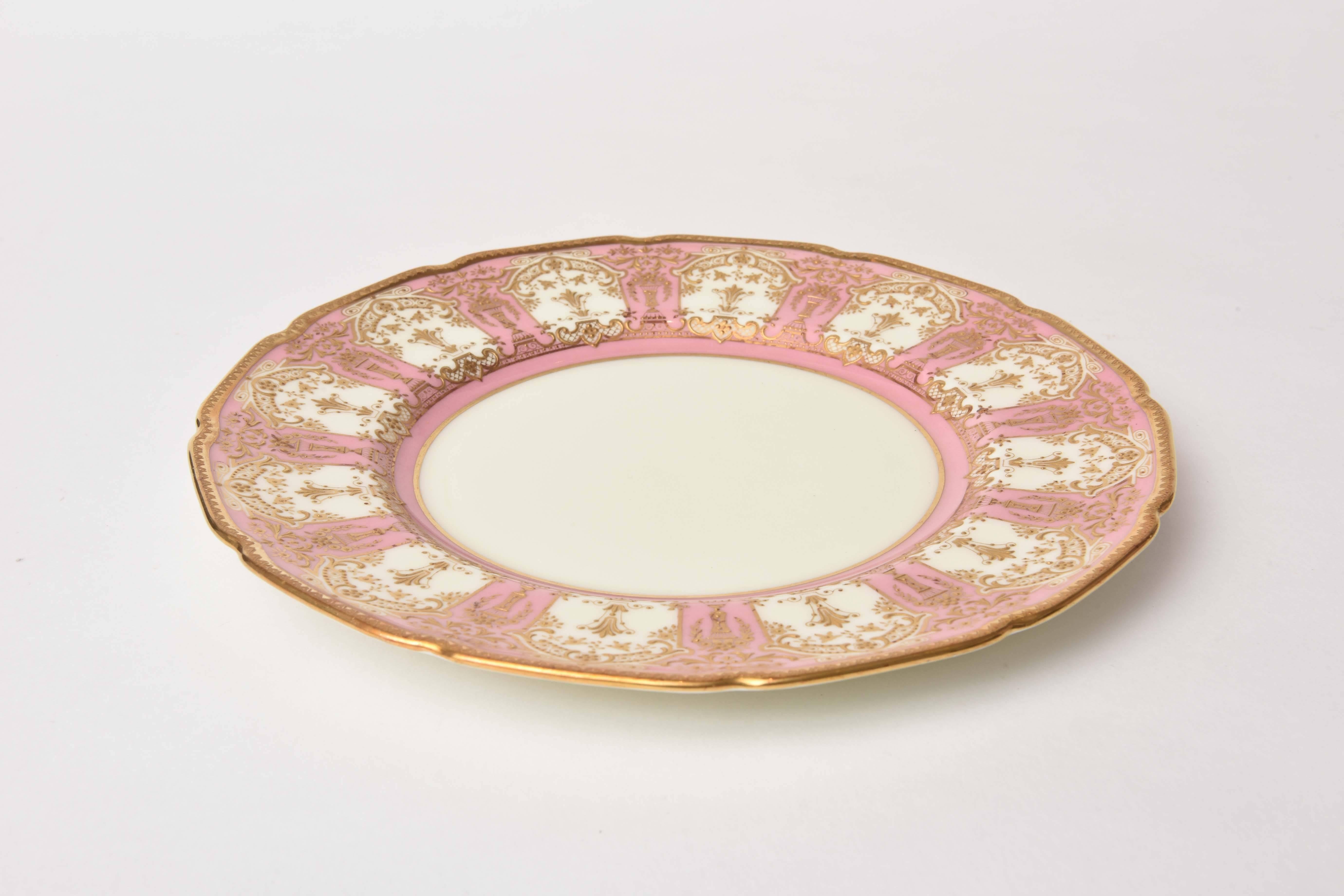 12 Exquisite Pink and Heavily Gilded Dessert or Salad Plates, Antique English 1