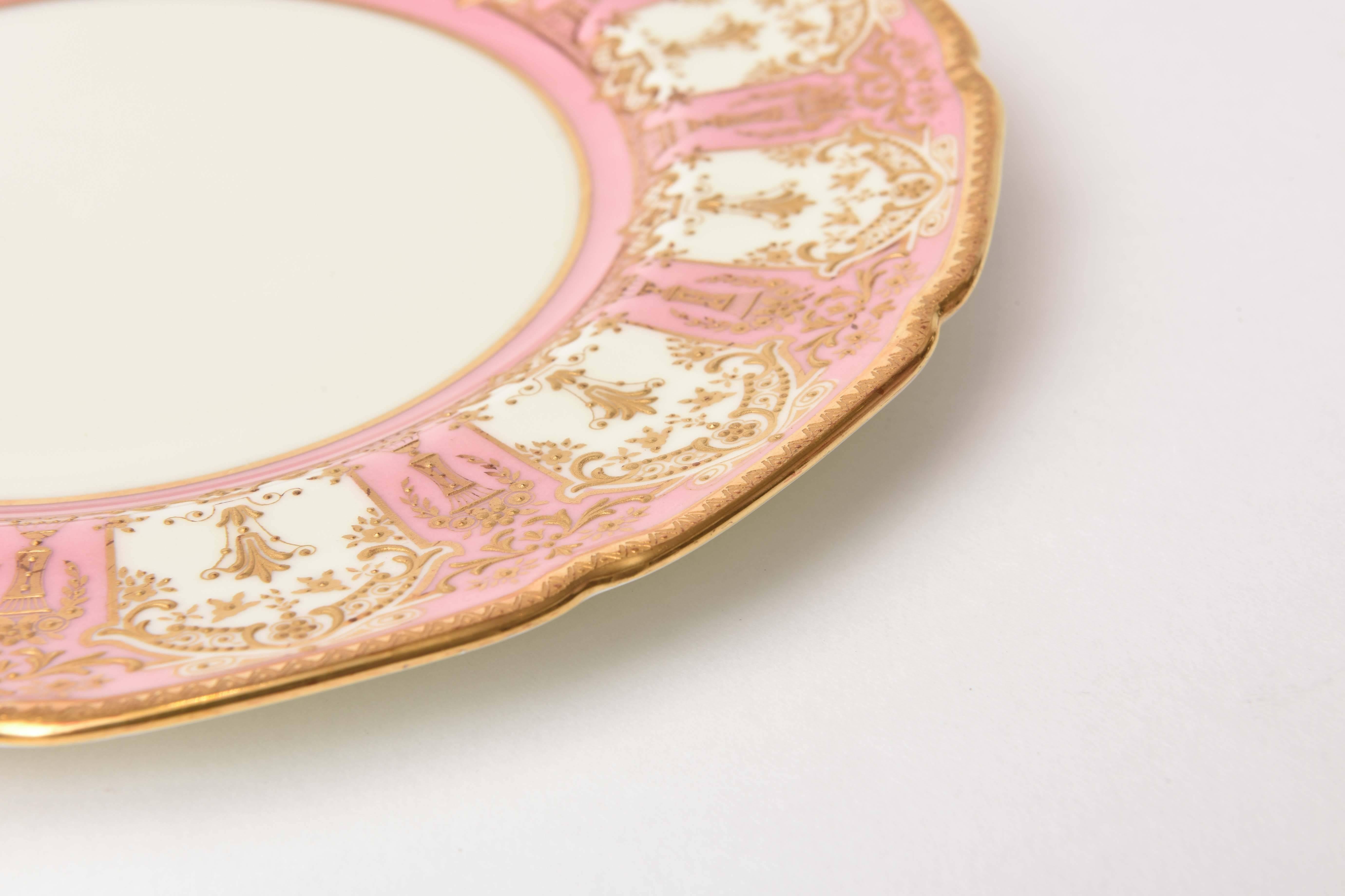 12 Exquisite Pink and Heavily Gilded Dessert or Salad Plates, Antique English 2