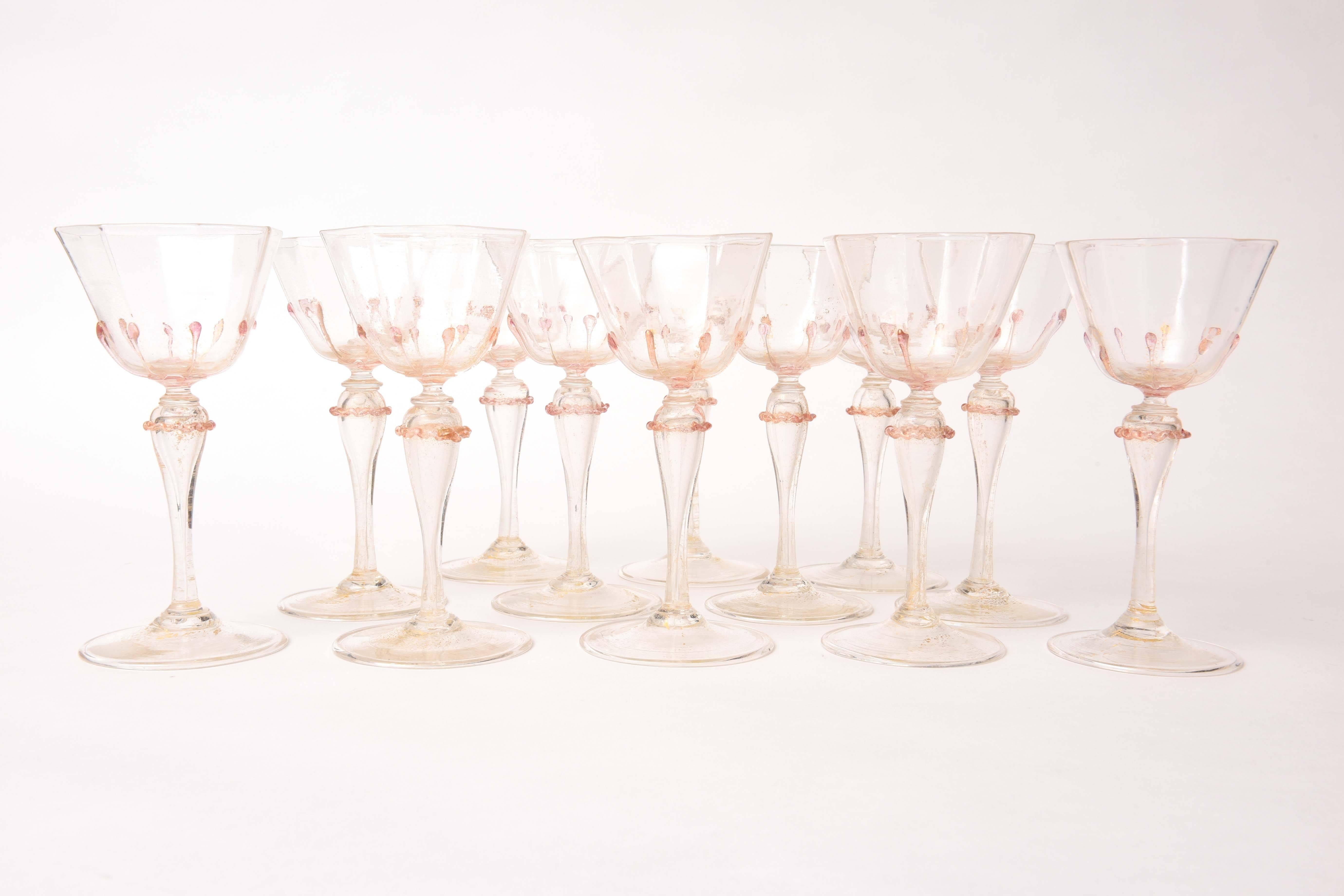 Hand-Crafted 12 Venetian White Wines, Pink and Gold with Applied Blown Decoration