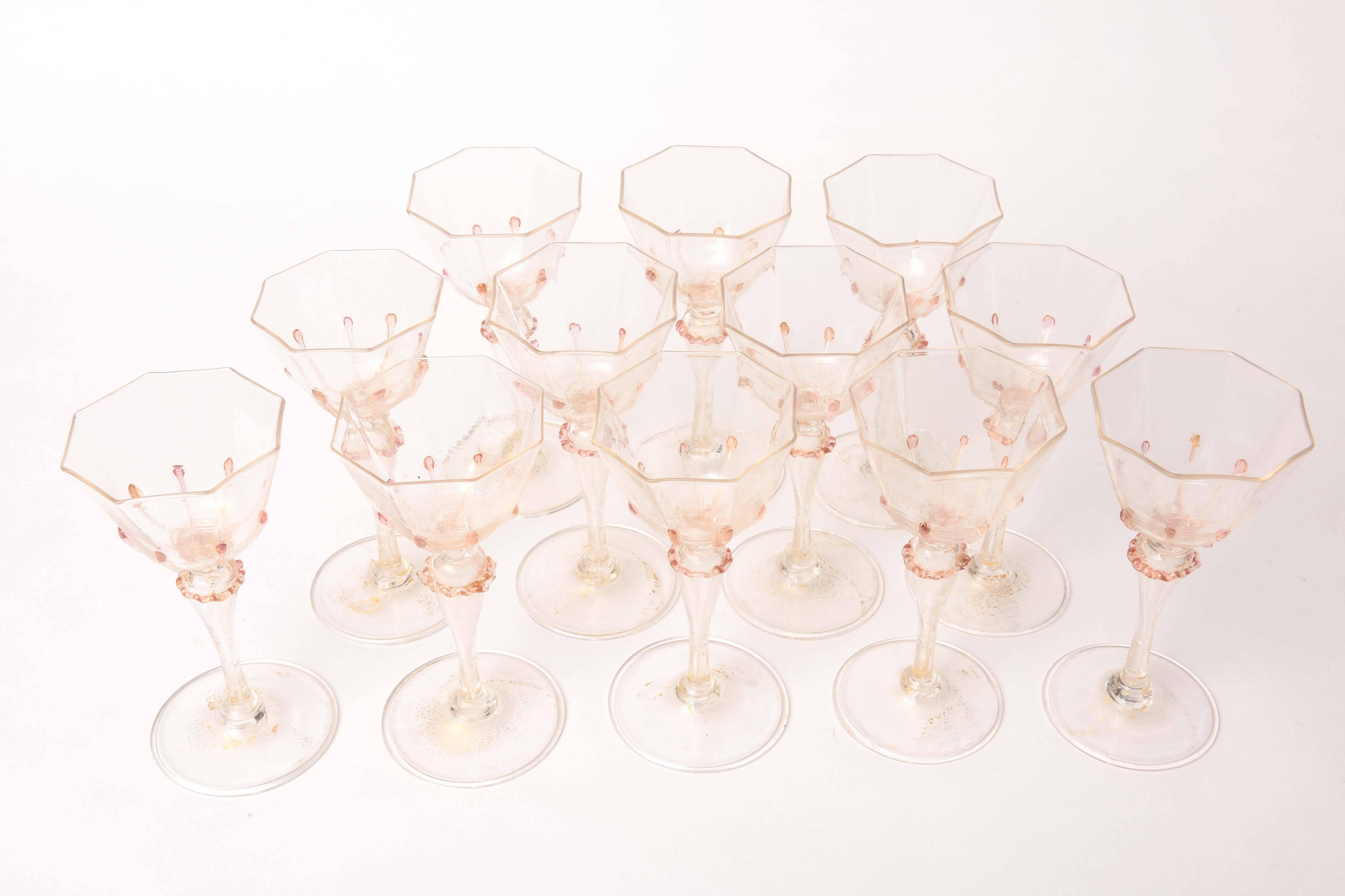12 Venetian White Wines, Pink and Gold with Applied Blown Decoration In Good Condition In West Palm Beach, FL