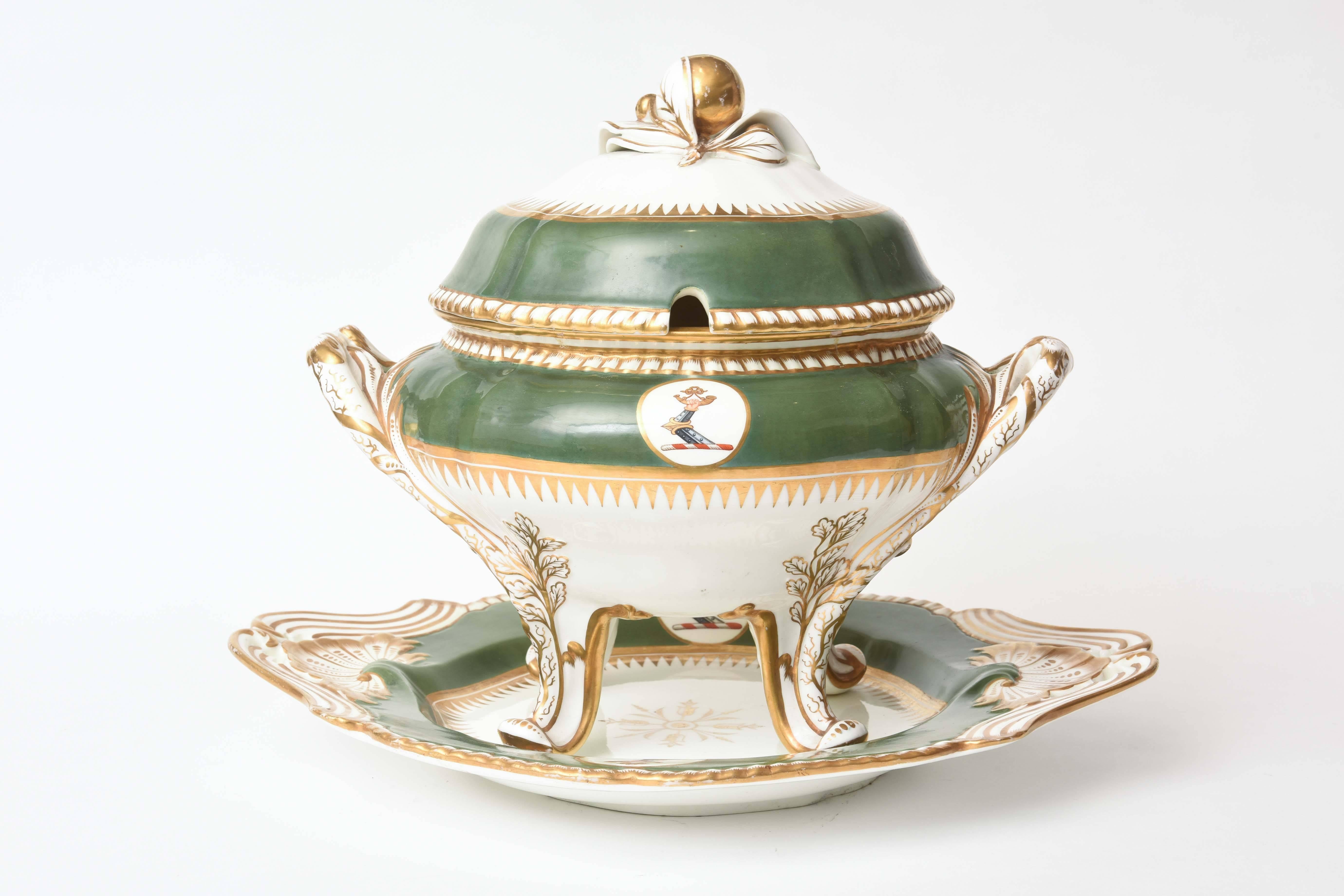 An impressive piece by the storied English porcelain firm of Spode. Hall marked and dated to the mid-19th century. Delightful raised pedestal feet, elaborate finial and detailed gadrooned edge will make this three-piece soup tureen the highlight of