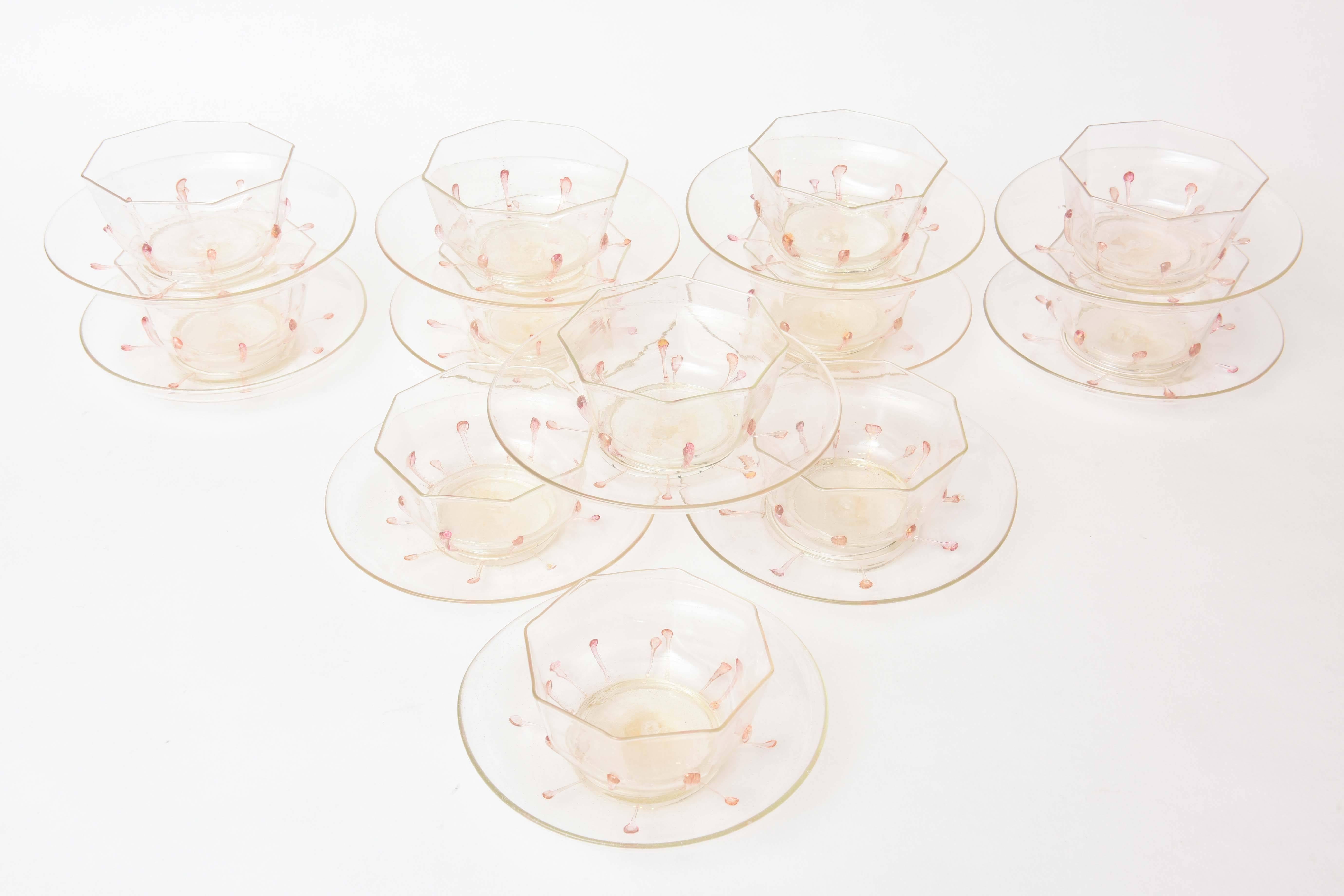 A delightful antique set featuring 24-karat blown gold inclusion on a pretty pastel pink. Nicely shaped and in wonderful antique condition. Please see our other listings for matching and coordinating pieces. Perfect for dessert or first course and