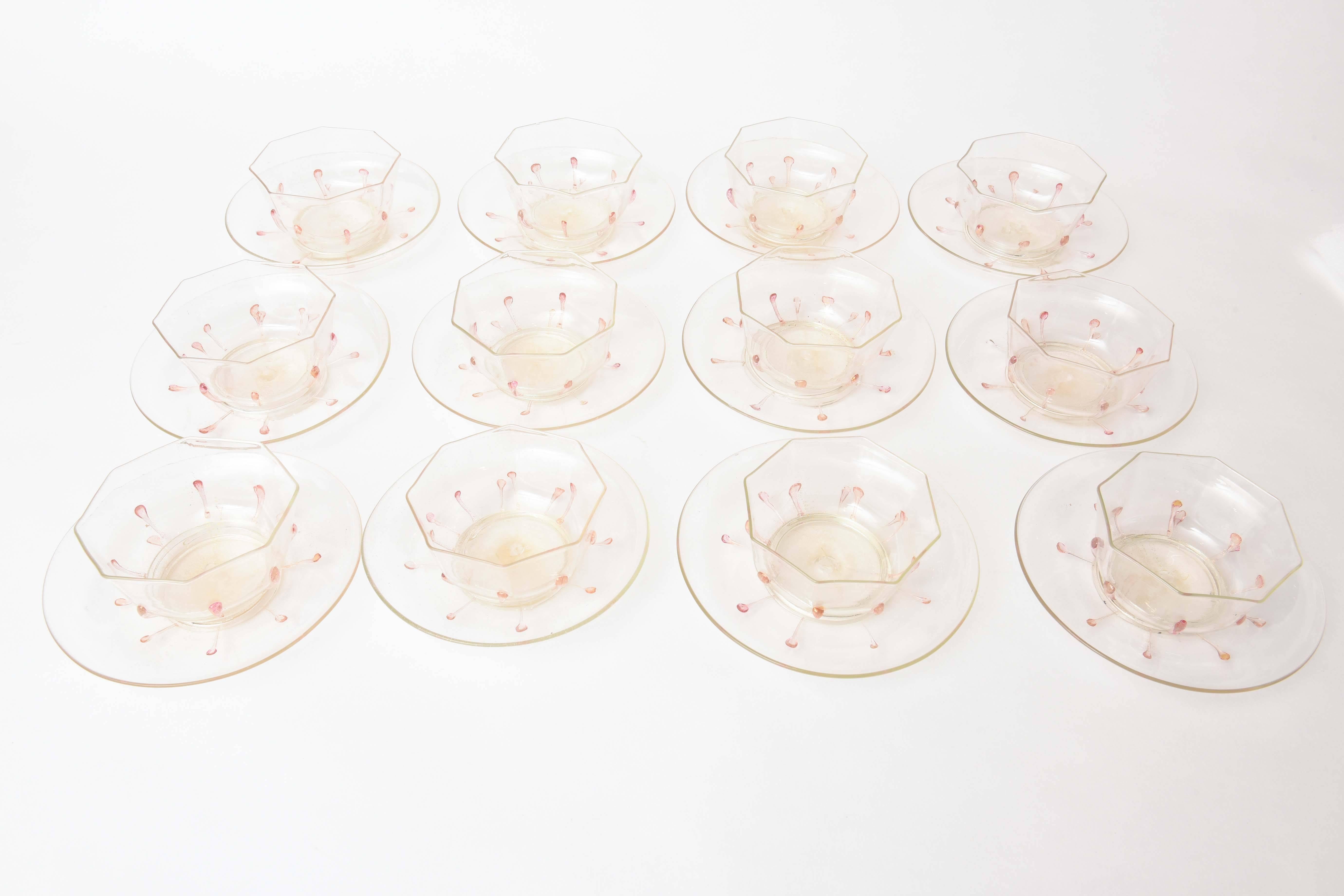 Italian Antique Set of 12 Venetian Glass Bowls, Plates in Pretty Pink and Gold 24 Pieces