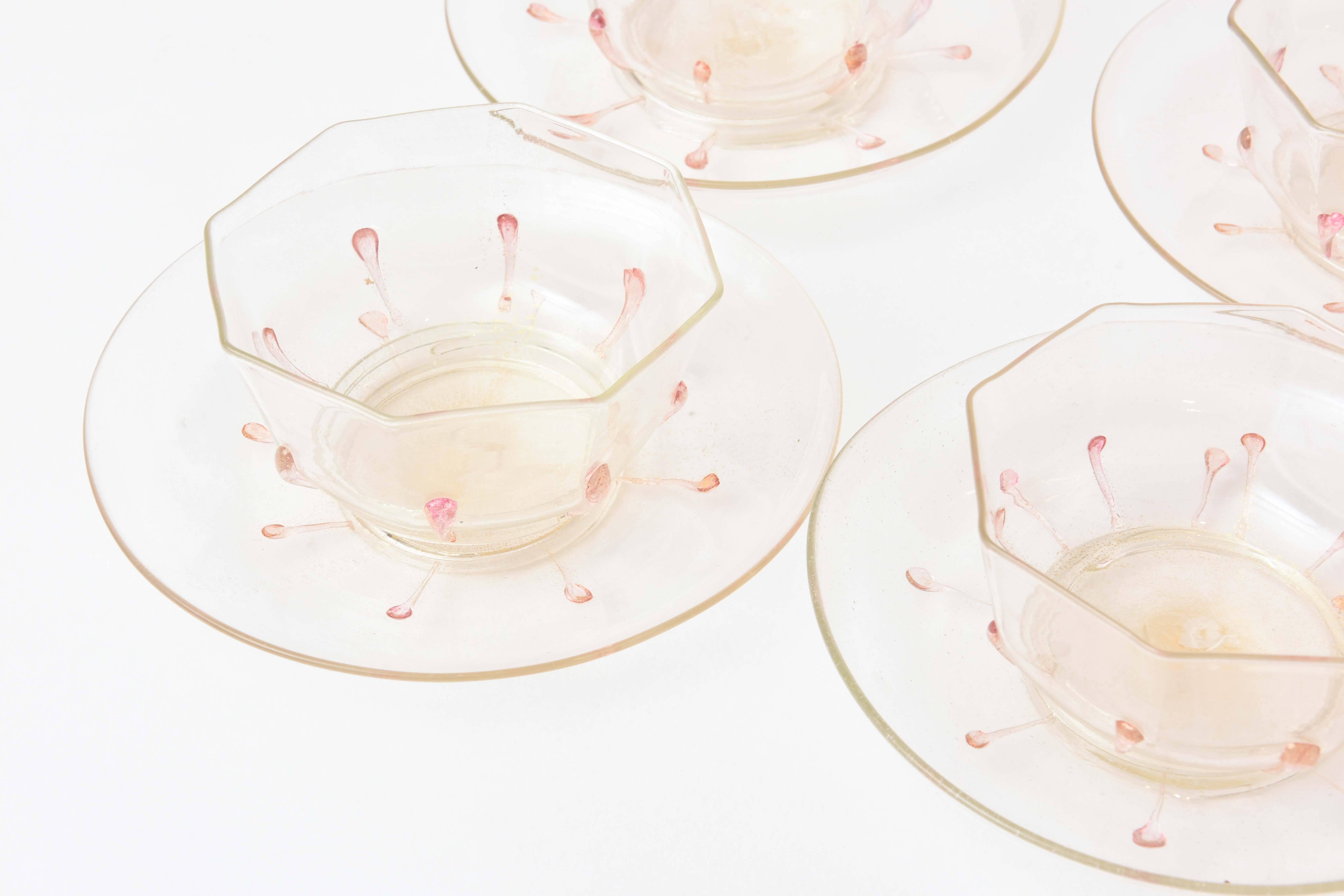 Hand-Crafted Antique Set of 12 Venetian Glass Bowls, Plates in Pretty Pink and Gold 24 Pieces