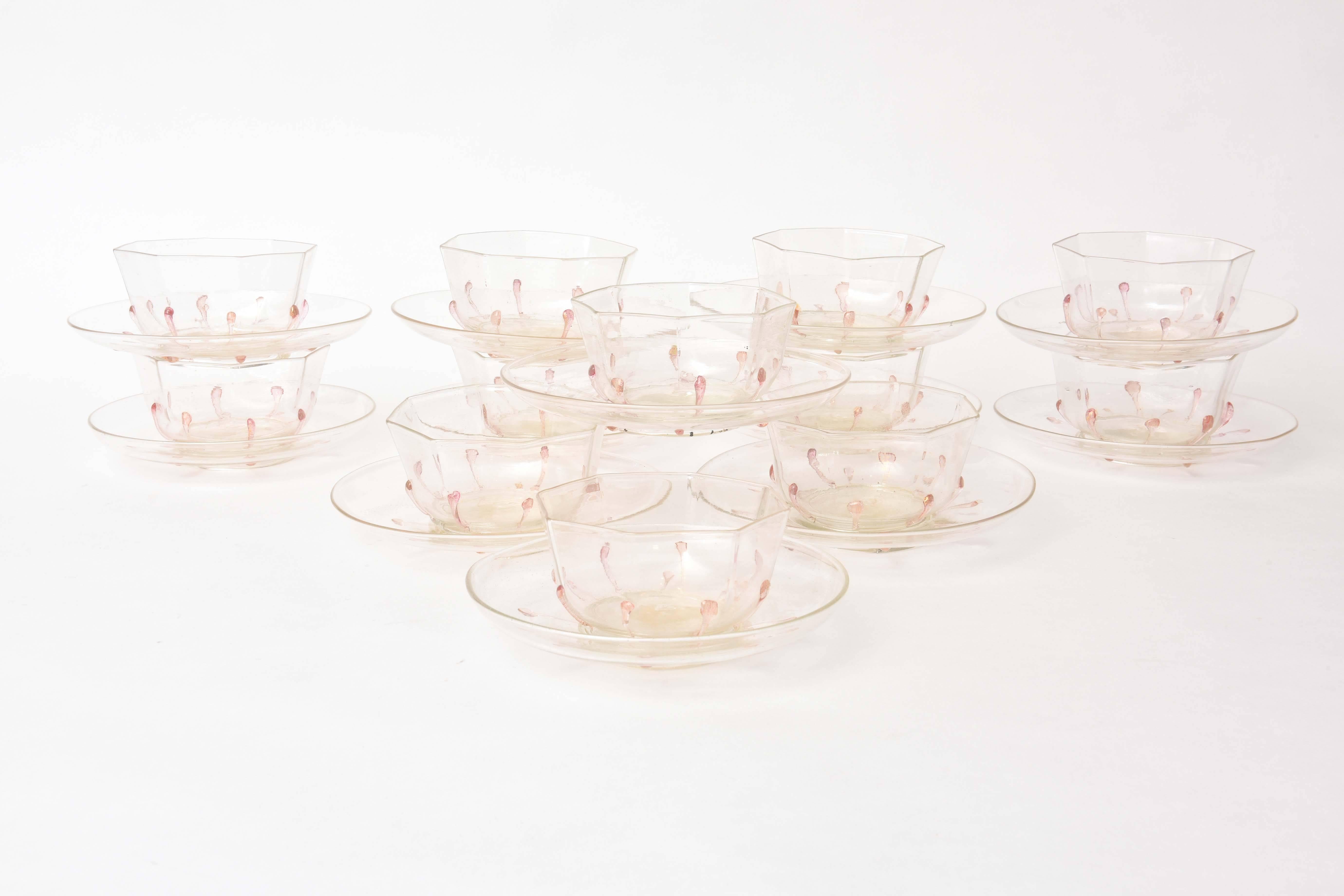 Antique Set of 12 Venetian Glass Bowls, Plates in Pretty Pink and Gold 24 Pieces In Good Condition In West Palm Beach, FL