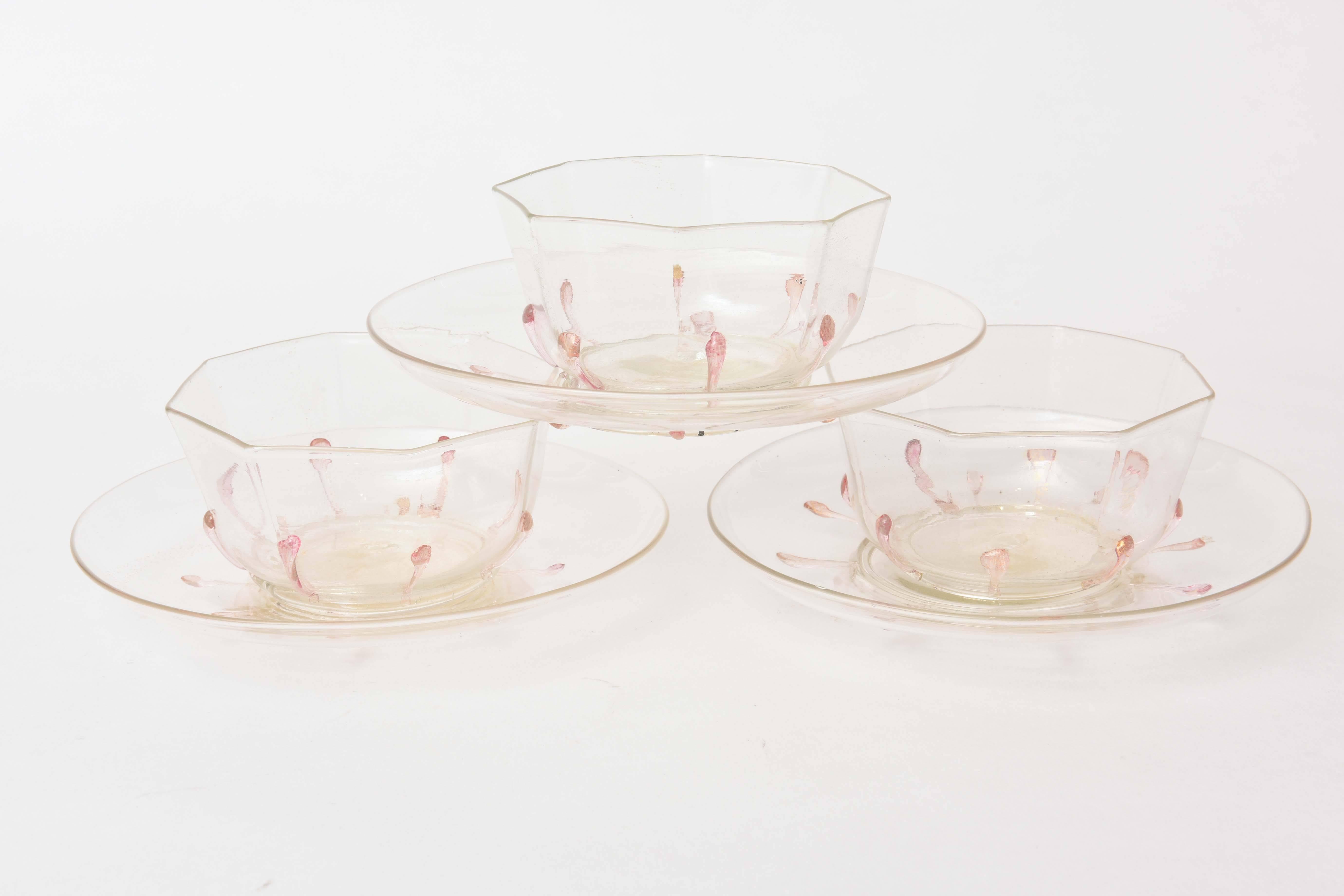 Antique Set of 12 Venetian Glass Bowls, Plates in Pretty Pink and Gold 24 Pieces 2