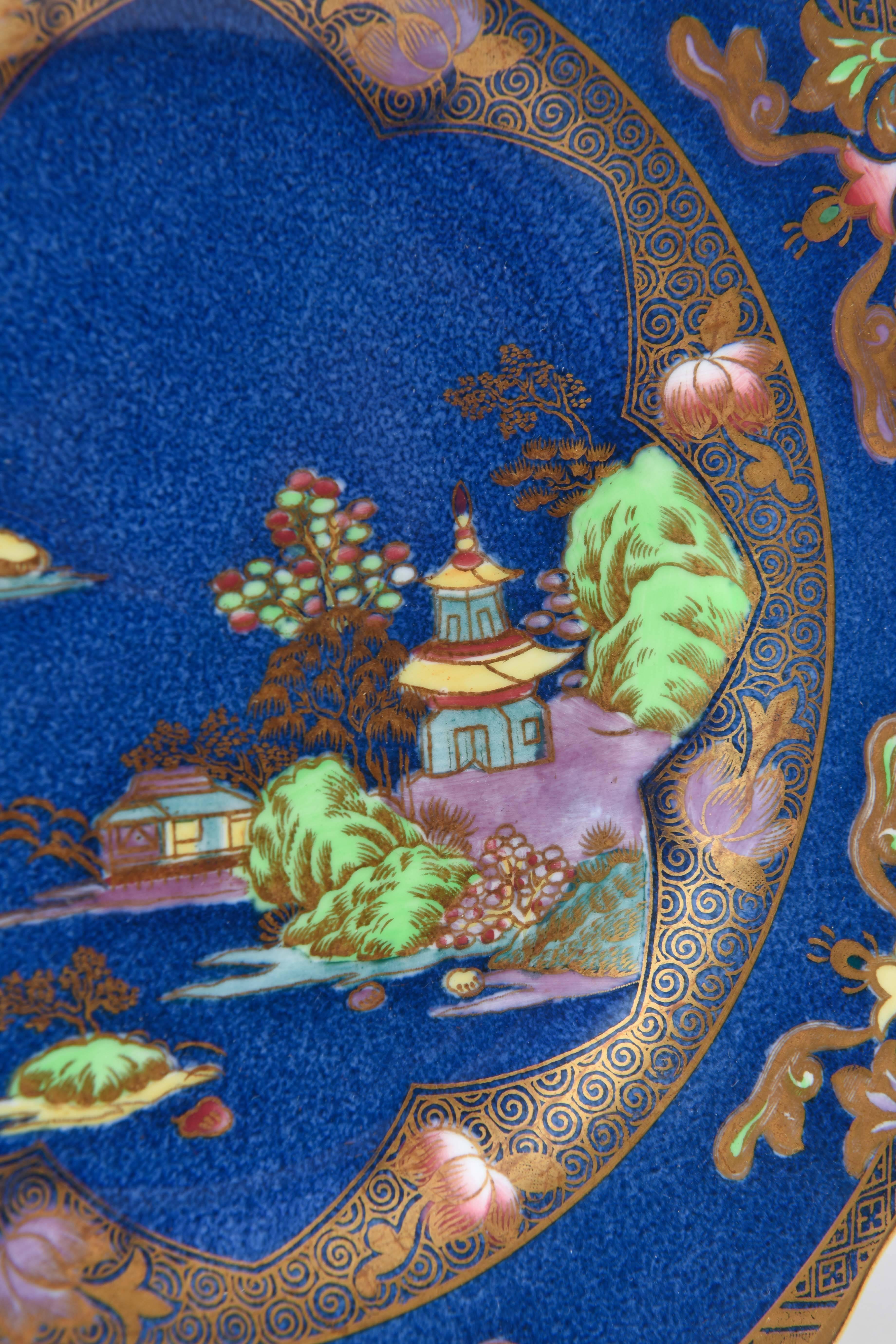 Hand-Crafted Chinoiserie Design, Spode England, Crushed Lapis and Hand Enameled Plates