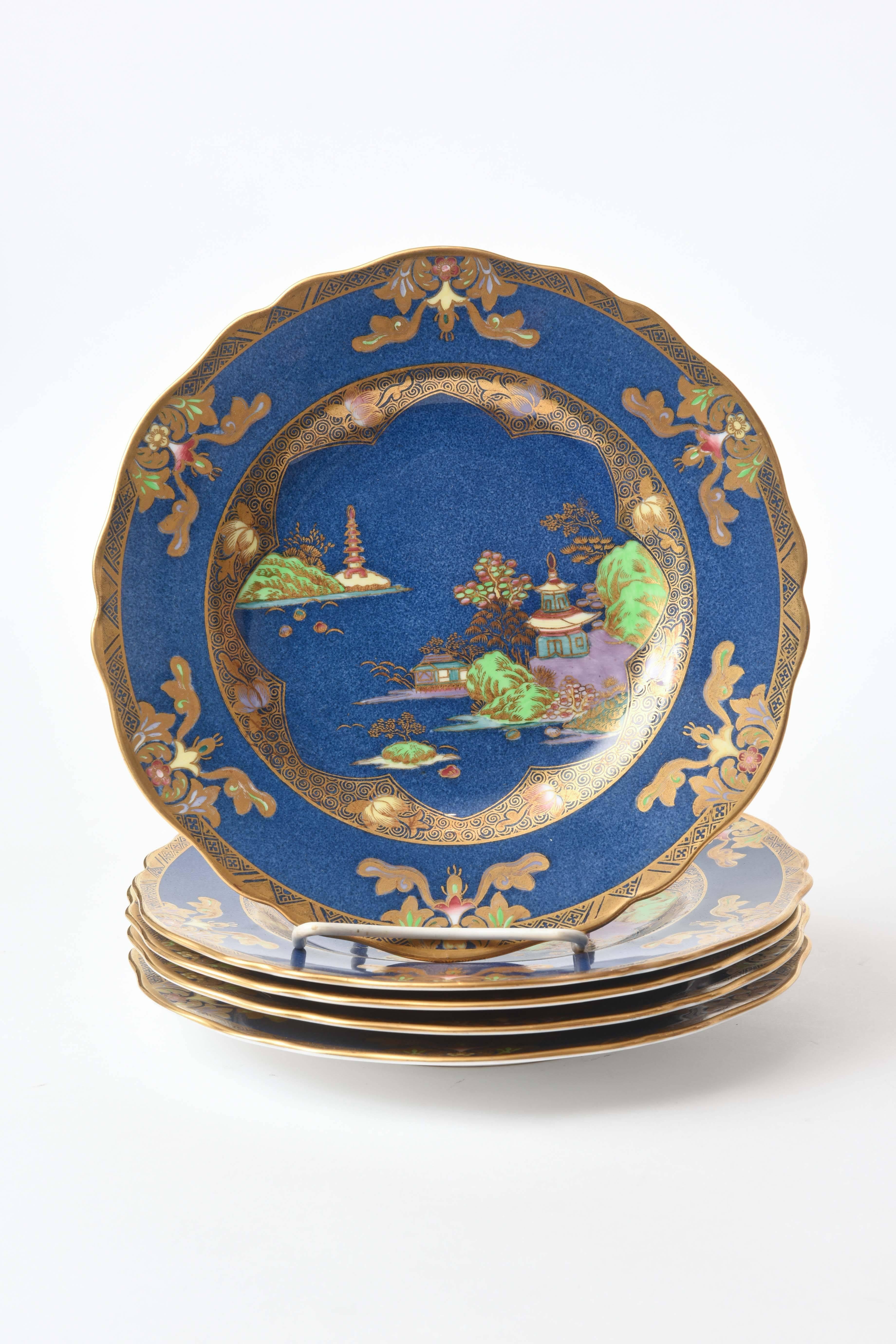 Chinoiserie Design, Spode England, Crushed Lapis and Hand Enameled Plates In Good Condition In West Palm Beach, FL