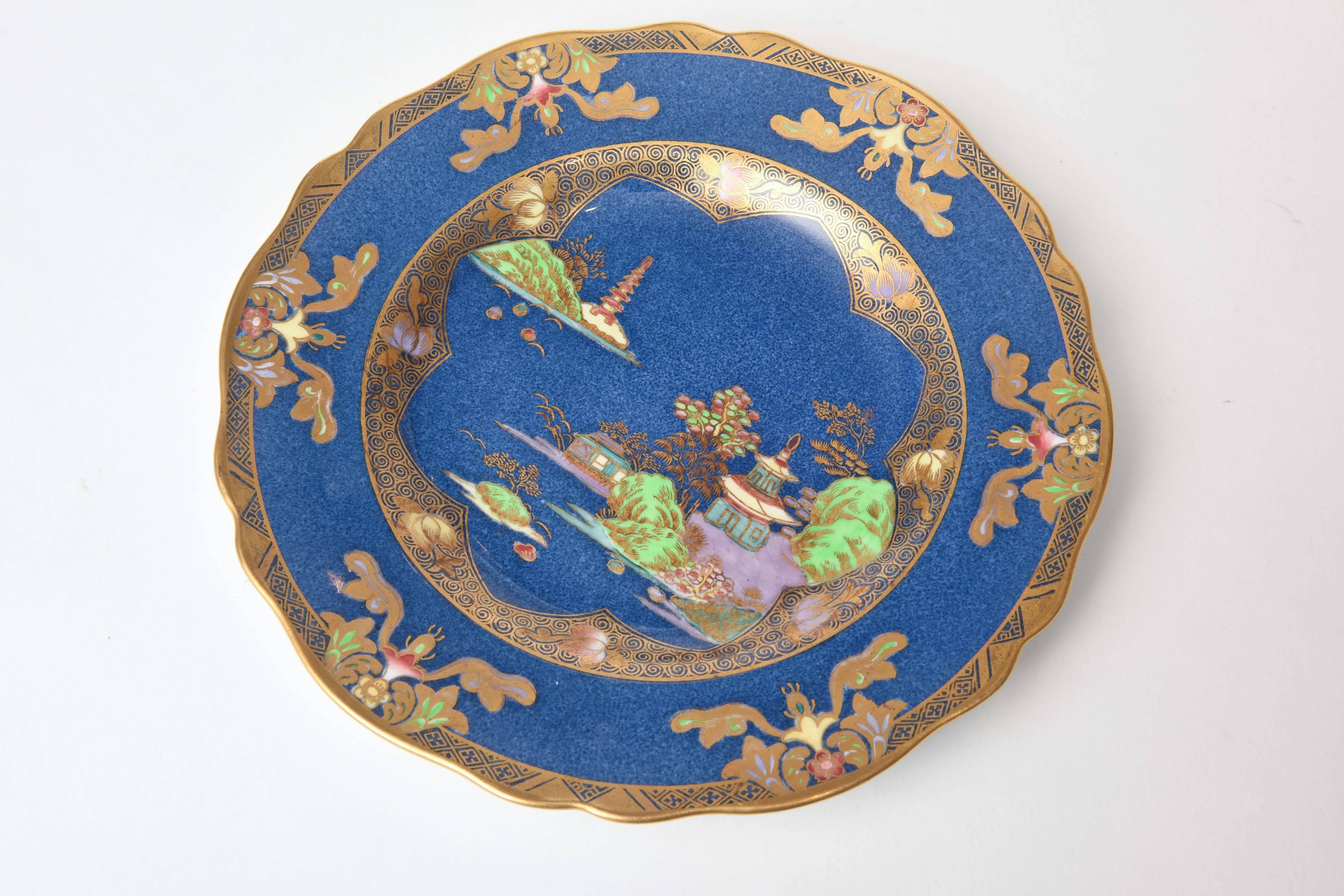 Early 20th Century Chinoiserie Design, Spode England, Crushed Lapis and Hand Enameled Plates