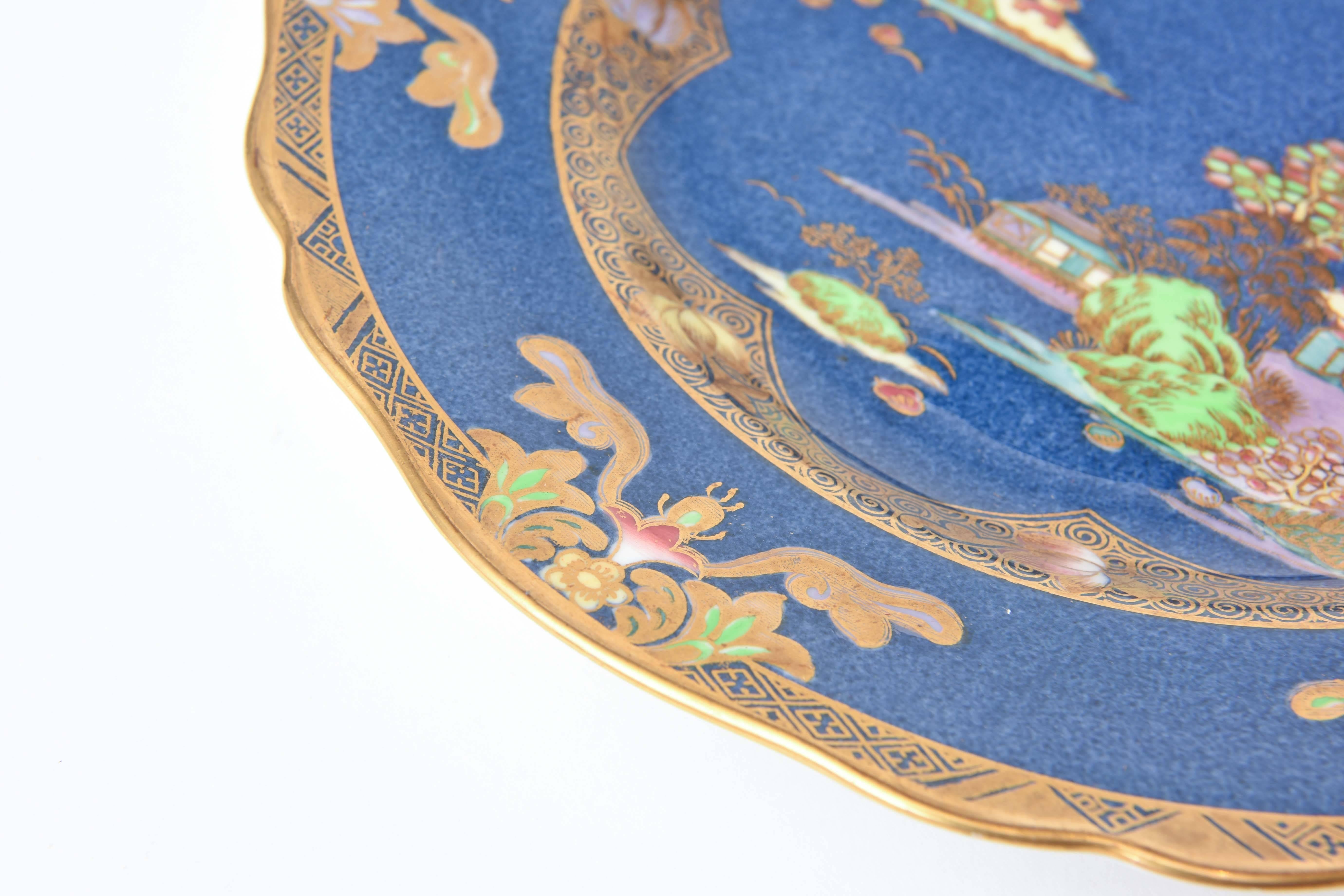 Chinoiserie Design, Spode England, Crushed Lapis and Hand Enameled Plates 1