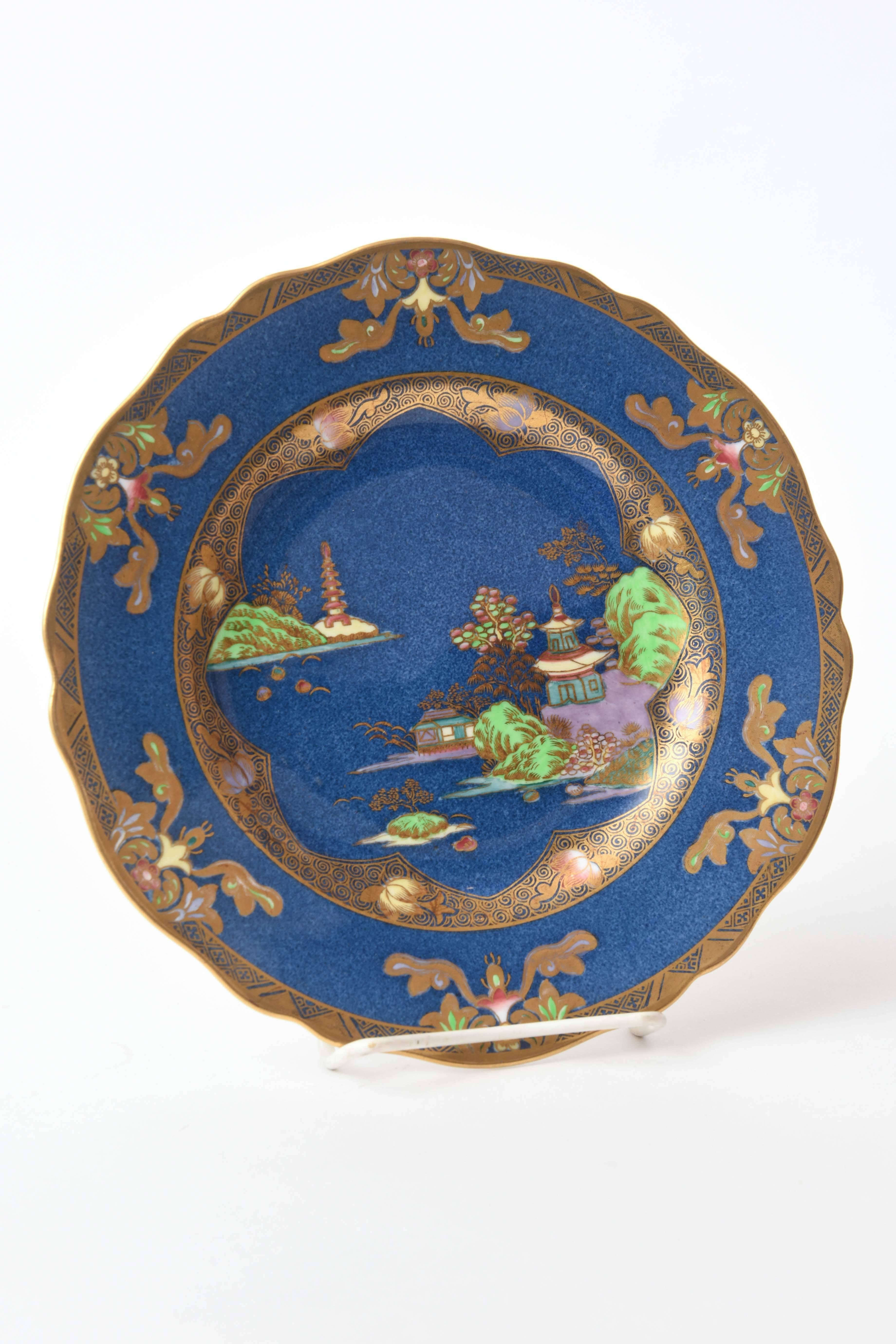 Chinoiserie Design, Spode England, Crushed Lapis and Hand Enameled Plates 3