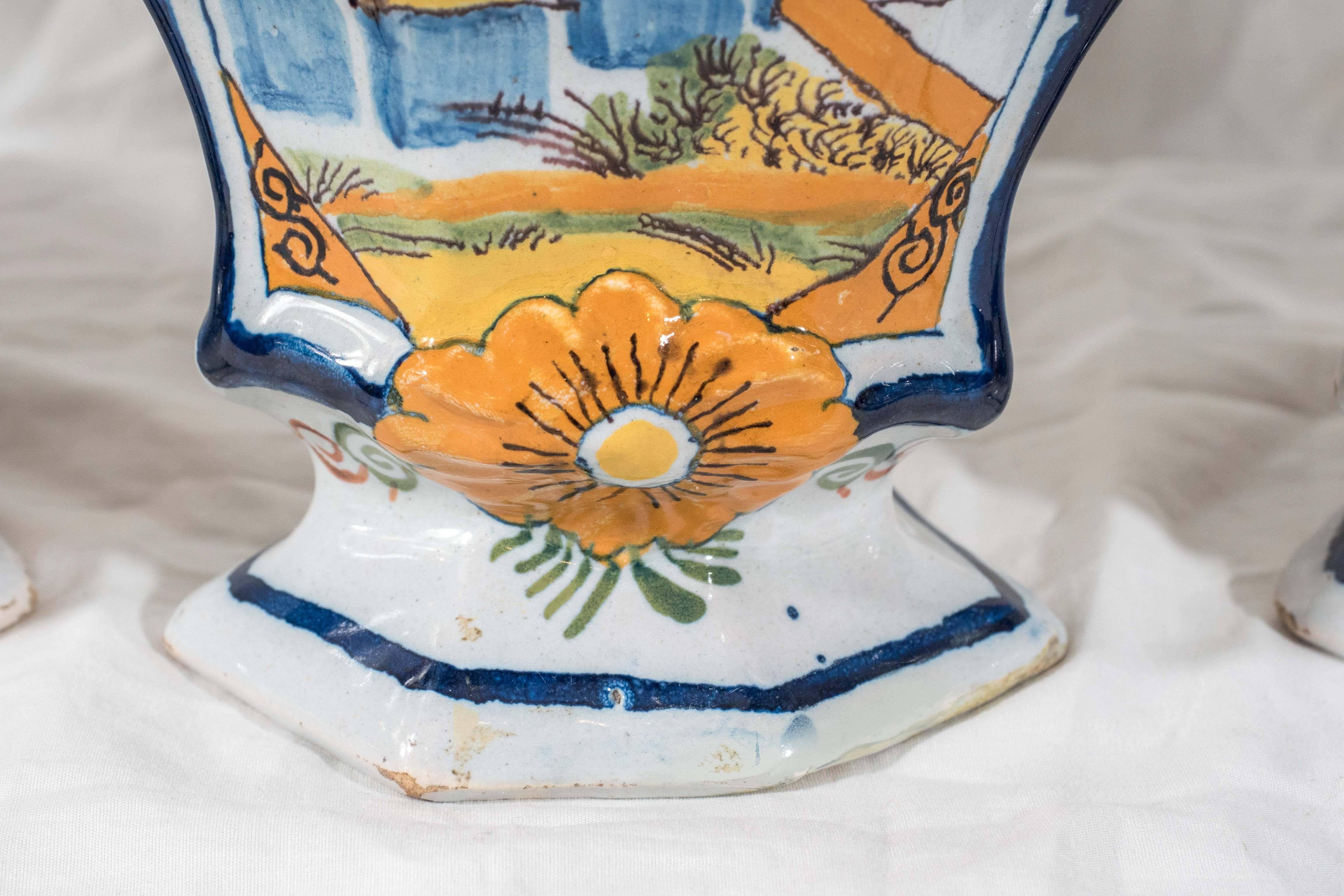 Dutch  Garniture of Five Delft Vases Painted in Colorful Polychrome IN STOCK
