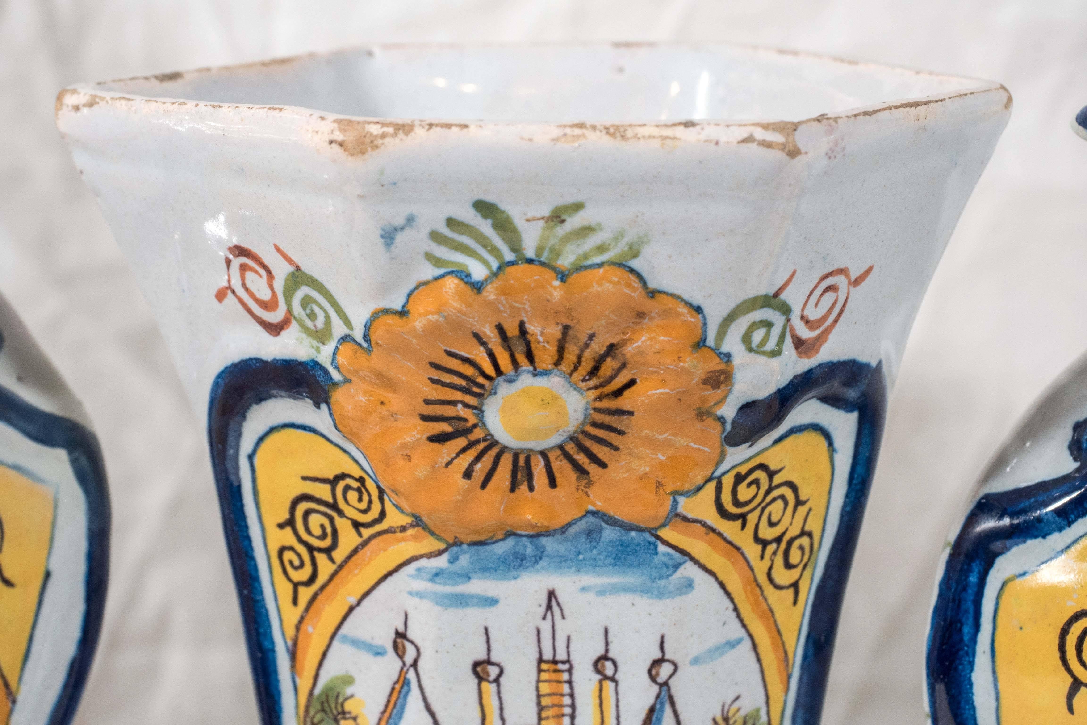  Garniture of Five Delft Vases Painted in Colorful Polychrome IN STOCK In Excellent Condition In Katonah, NY