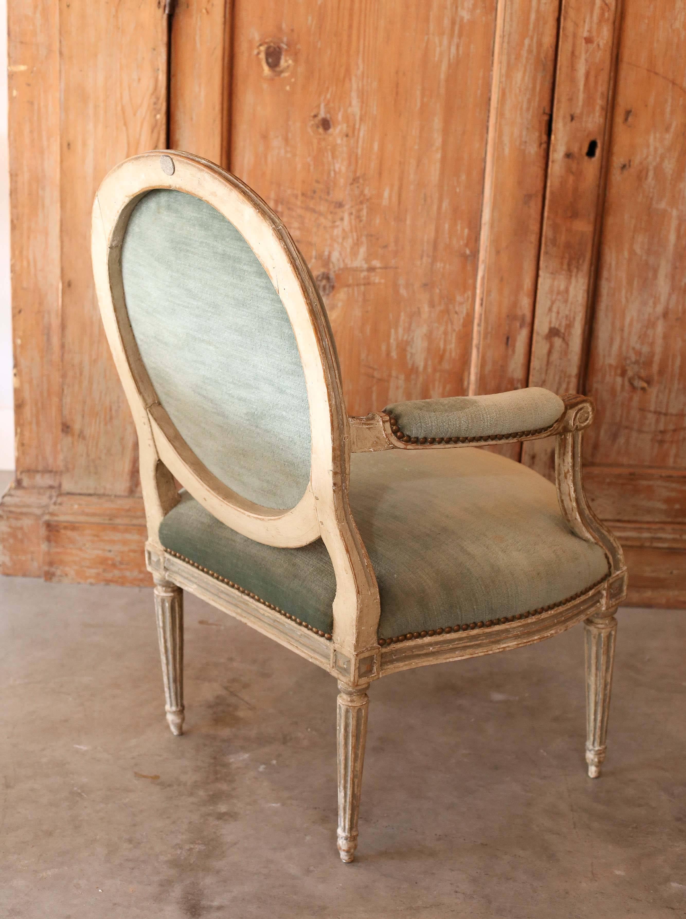 18th Century and Earlier French 18th Century Louis XVI Painted Armchairs with Velvet Upholstery Stamped For Sale